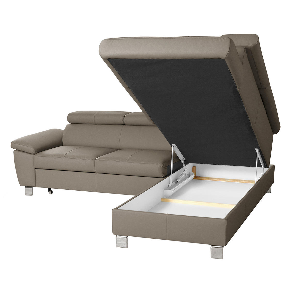 ECKSOFA Hellgrau Echtleder Lederlook  - Chromfarben/Hellgrau, Design, Leder/Textil (248/208cm) - Livetastic