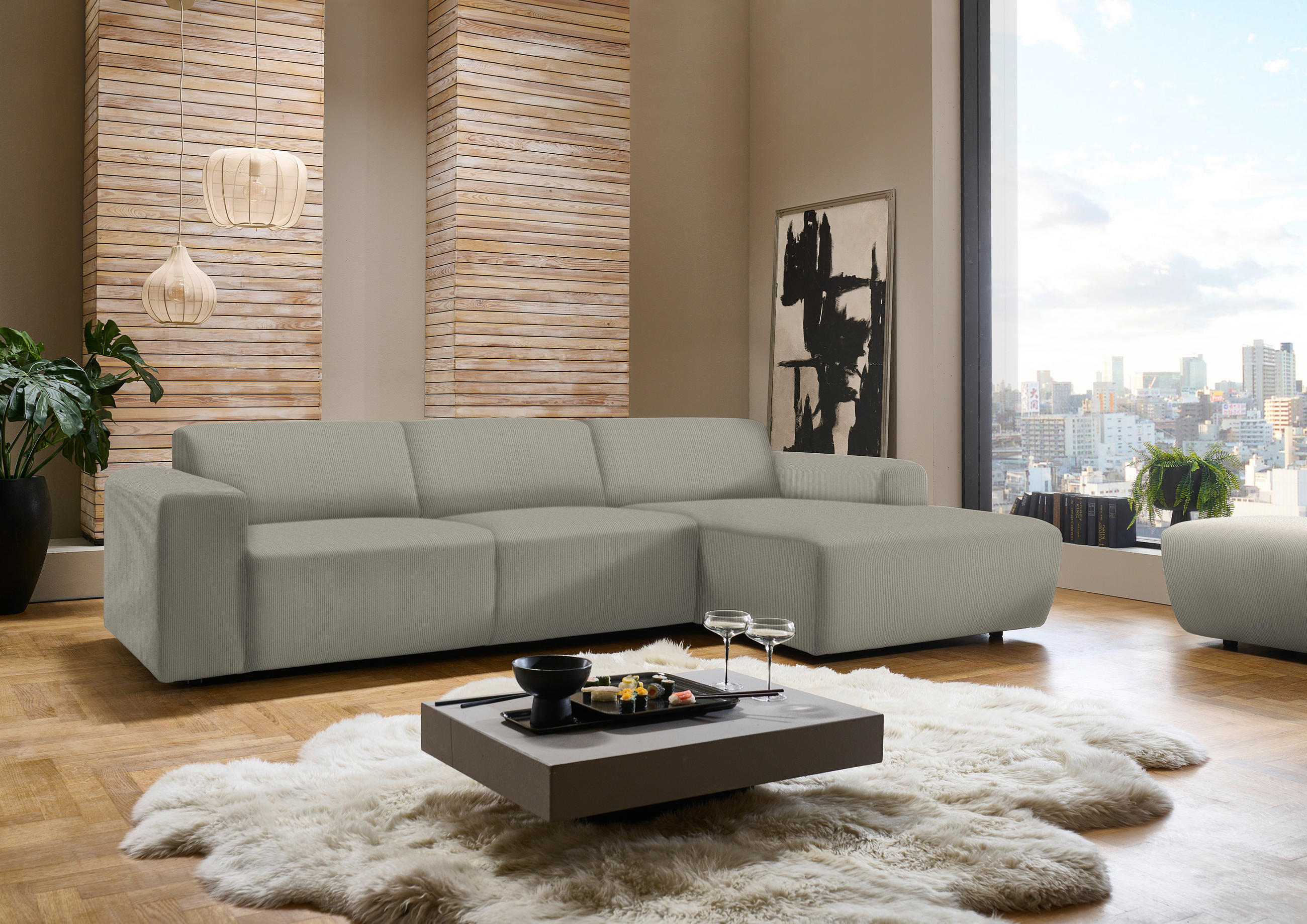ECKSOFA in Feincord Taupe  - Taupe/Schwarz, Design, Kunststoff/Textil (301/177cm) - Beldomo Style