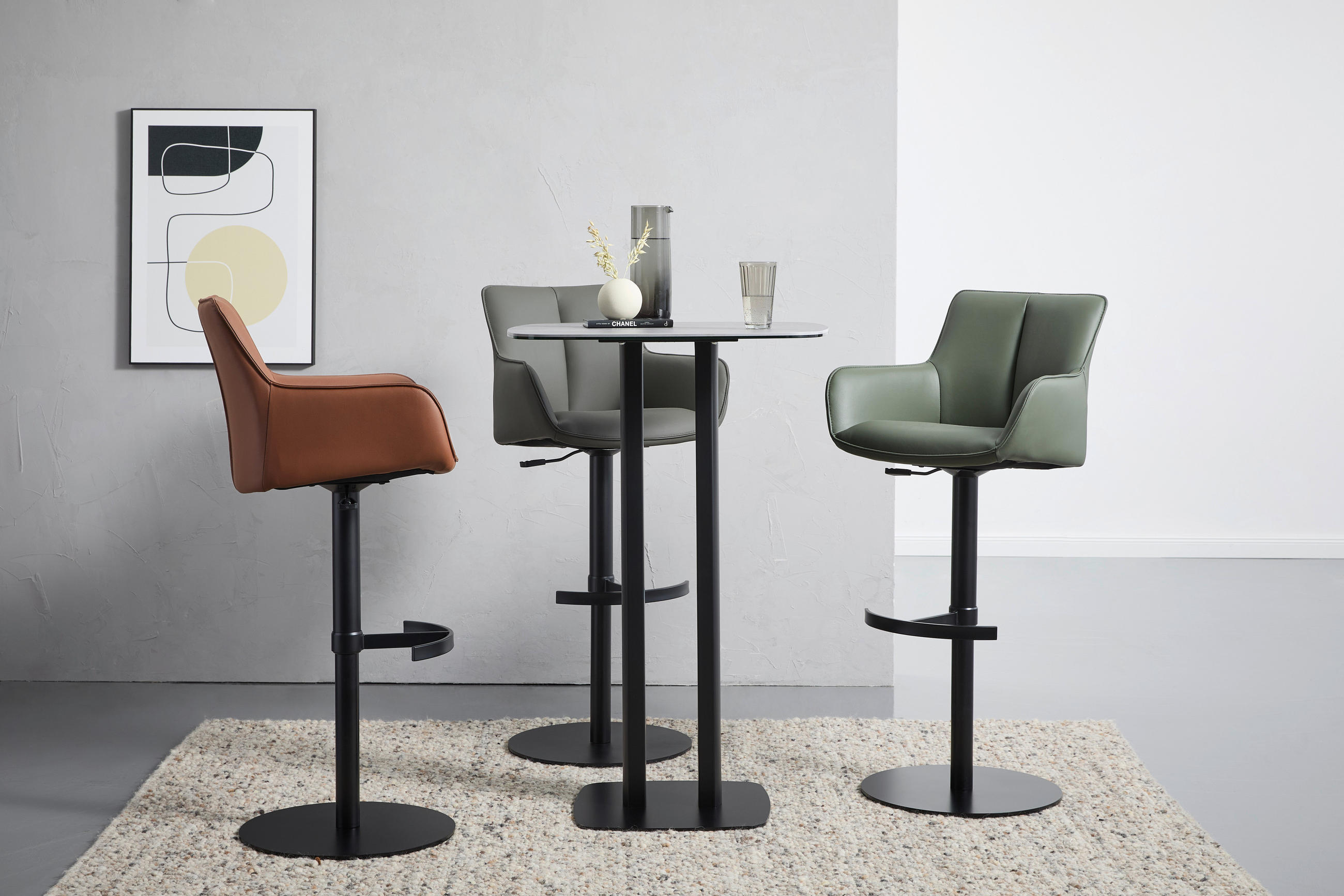 BARHOCKER Echtleder Grau, Schwarz Eisen Lederauswahl, Sitzfläche 360° drehbar, automatische Rückholfunktion  - Schwarz/Grau, Design, Leder/Metall (54/92-112/55cm) - Novel