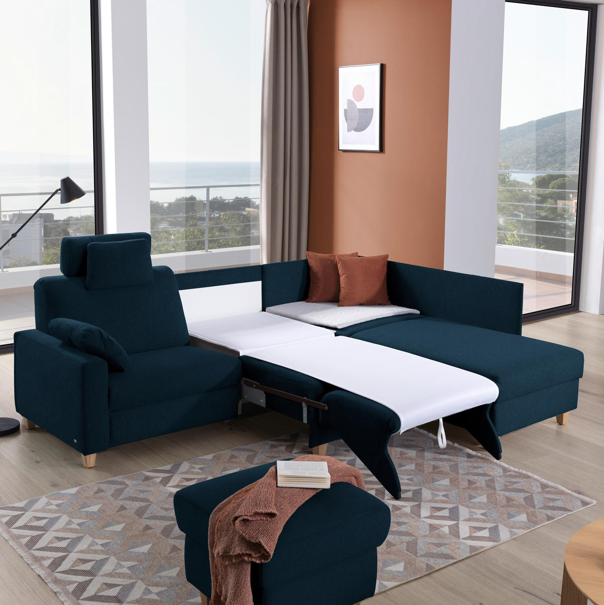 ECKSOFA in Flachgewebe Dunkelblau  261/203 cm  - Eichefarben/Dunkelblau, KONVENTIONELL, Holz/Textil (261/203cm) - Sedda