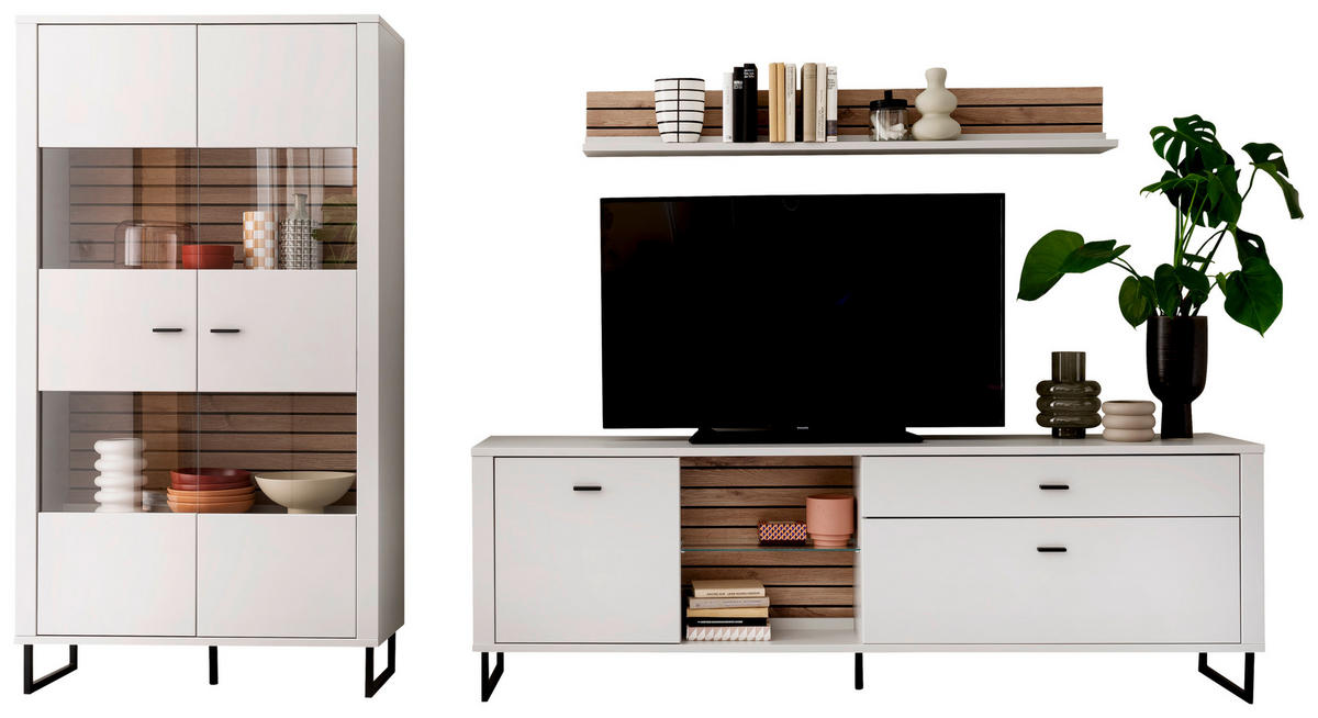 WOHNWAND  in Weiss, Eichefarben 326/185/44 cm  - Weiss/Eichefarben, Design, Glas/Holzwerkstoff (326/185/44cm) - Stylife