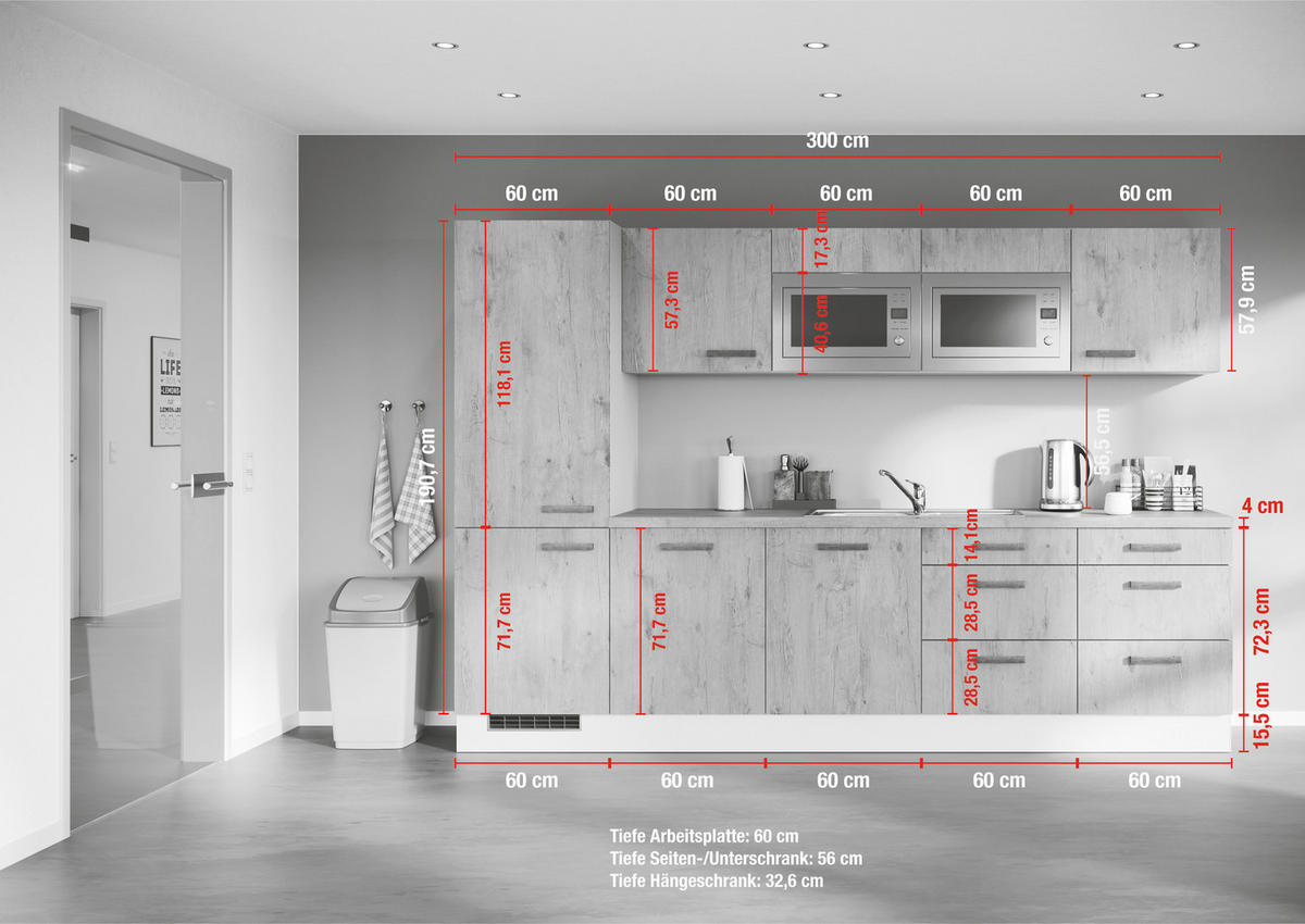 KÜCHENLEERBLOCK 300 cm   in Cappuccino  - Eiche dunkel/Cappuccino, Design, Holzwerkstoff/Metall (300cm) - Impuls