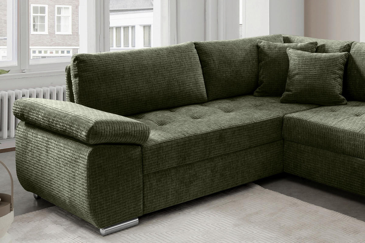 Wohnlandschaft in Mikrofaser Olivgrün  - Chromfarben/Olivgrün, KONVENTIONELL, Textil (219/305/157cm) - Livetastic