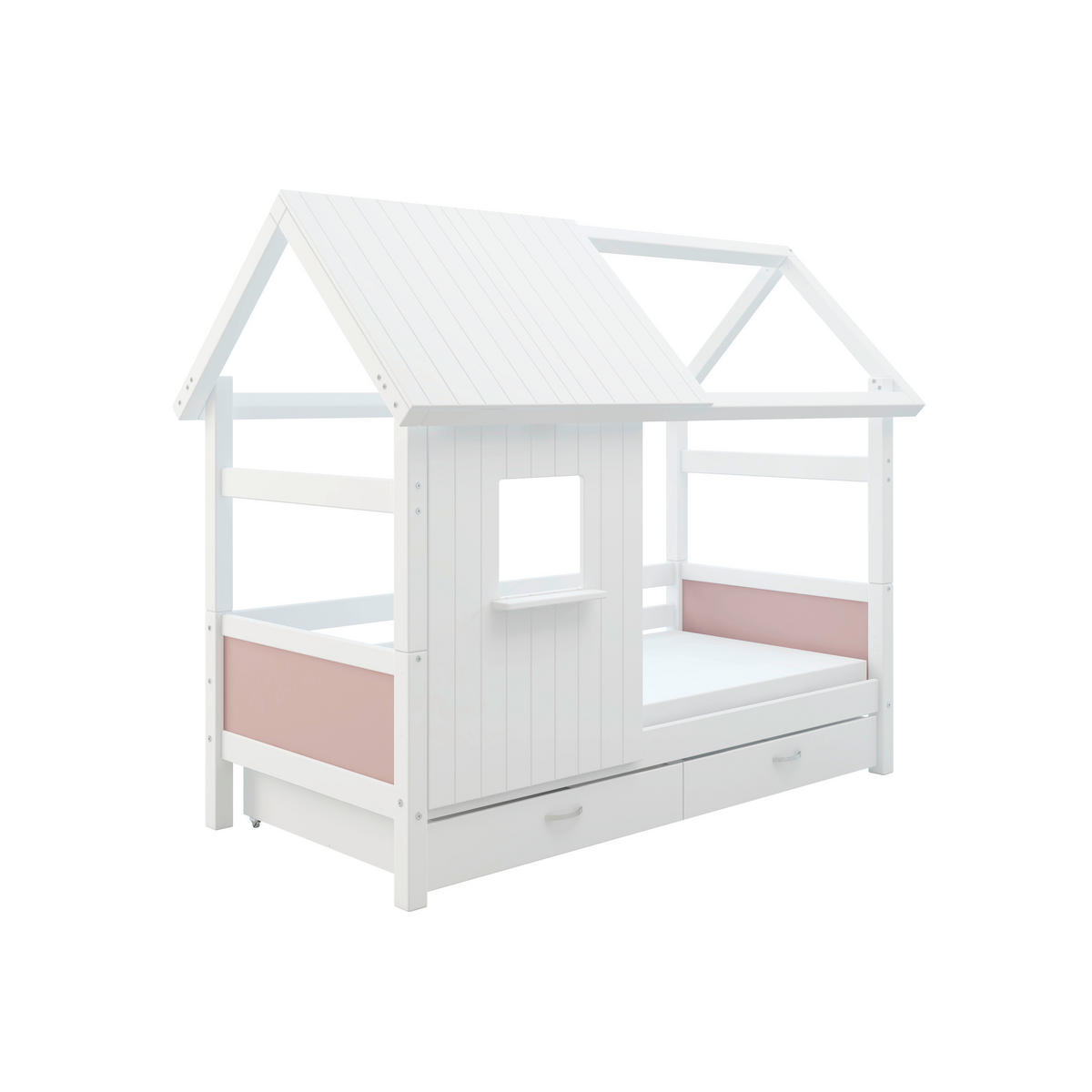 HAUSBETT 90/200 cm,  in Rosa, Weiß, Rollrost, Bettschublade  - Rosa/Weiß, MODERN, Holz (90/200cm) - Chameo