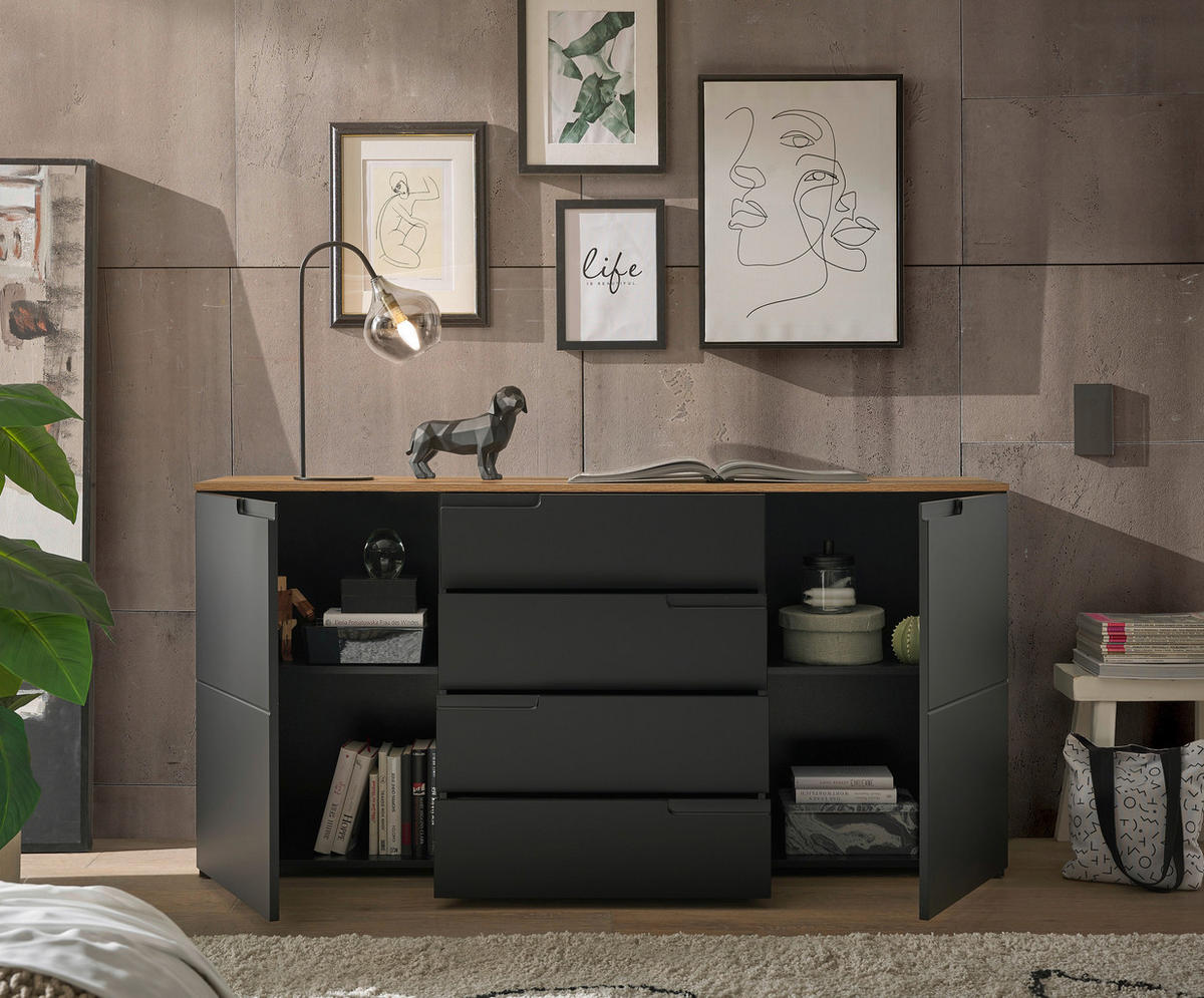 SIDEBOARD  in 165/80/40 cm  - Eichefarben/Schwarz, Design, Holzwerkstoff (165/80/40cm) - home24