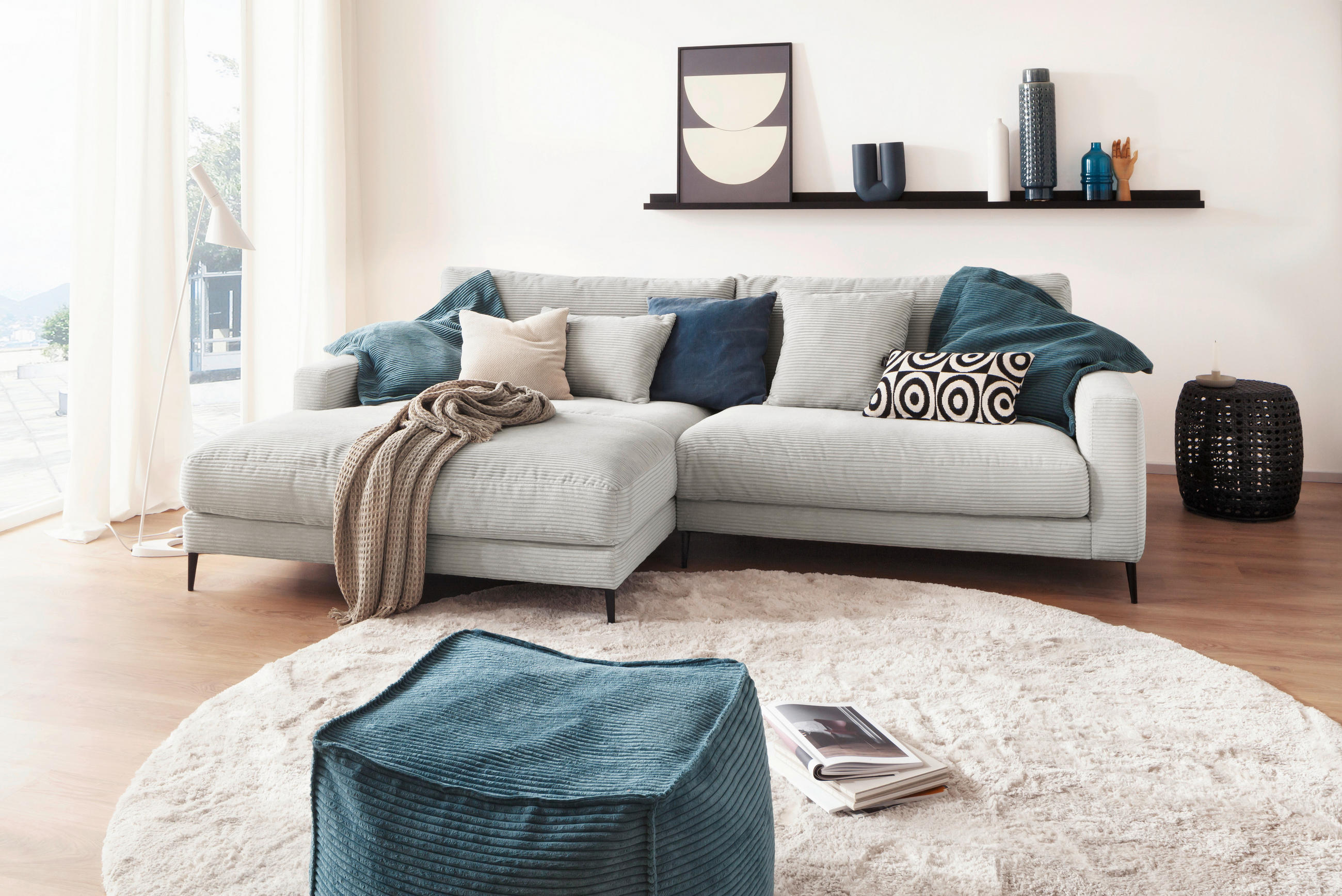 ECKSOFA Hellgrau Cord  - Hellgrau/Schwarz, Design, Textil/Metall (190/272cm) - Pure Home Lifestyle