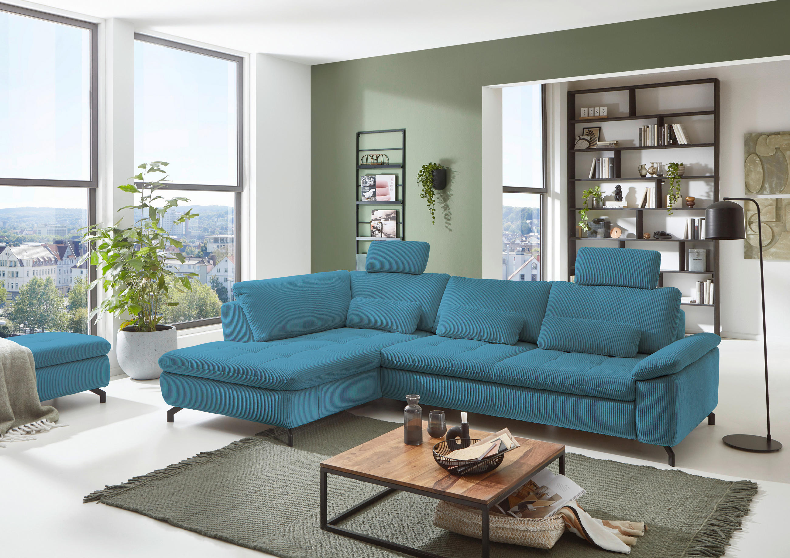 ECKSOFA Sense Petrol Cord, Velours  - Petrol/Schwarz, Design, Textil/Metall (197/291cm) - Beldomo Style