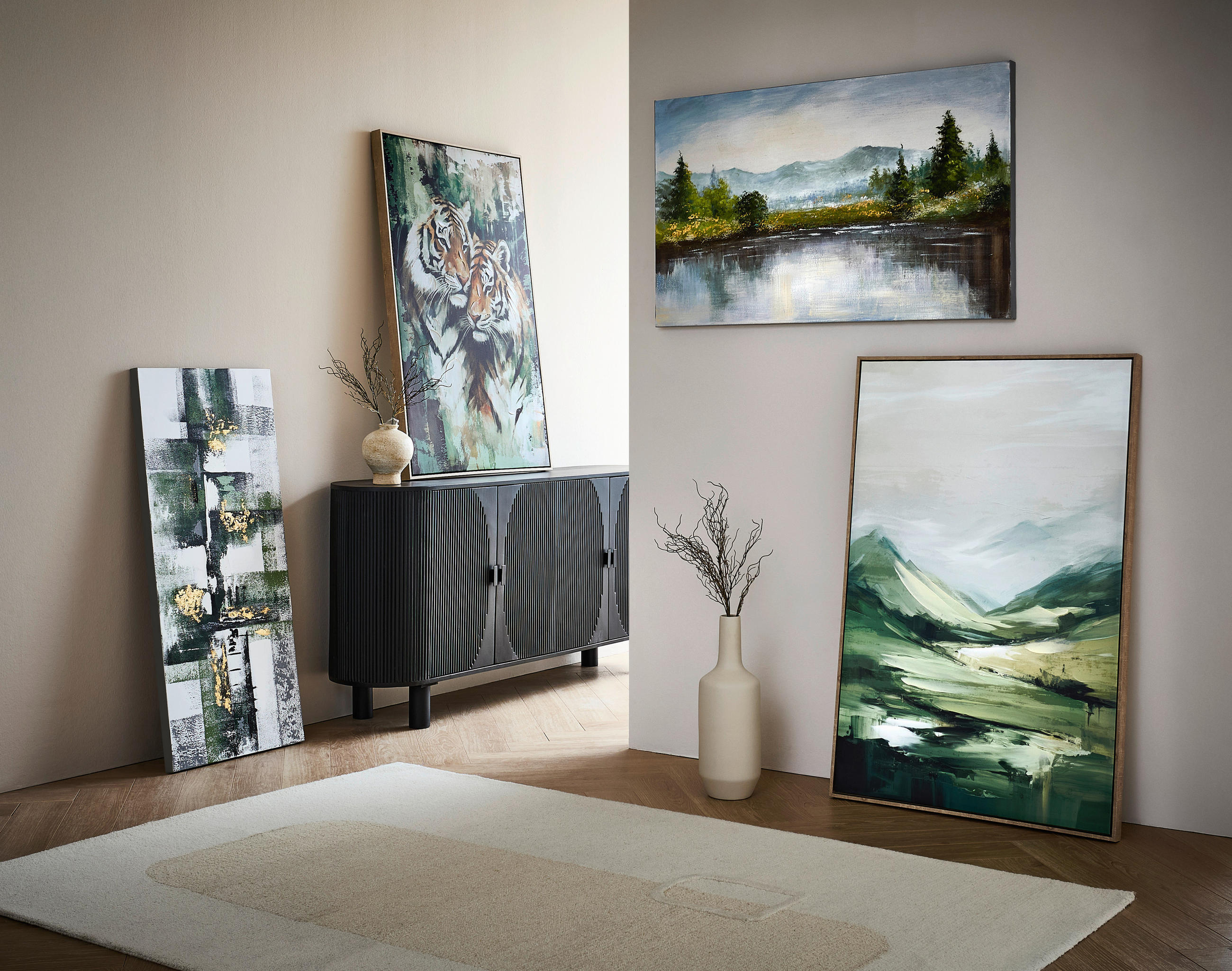 Thumbnail - Monee Ölgemälde, Grün, Kunststoff, Textil, Holzwerkstoff, rechteckig, 80x120 cm, handgemalt, Bilder und Zubehör, Wandbil...