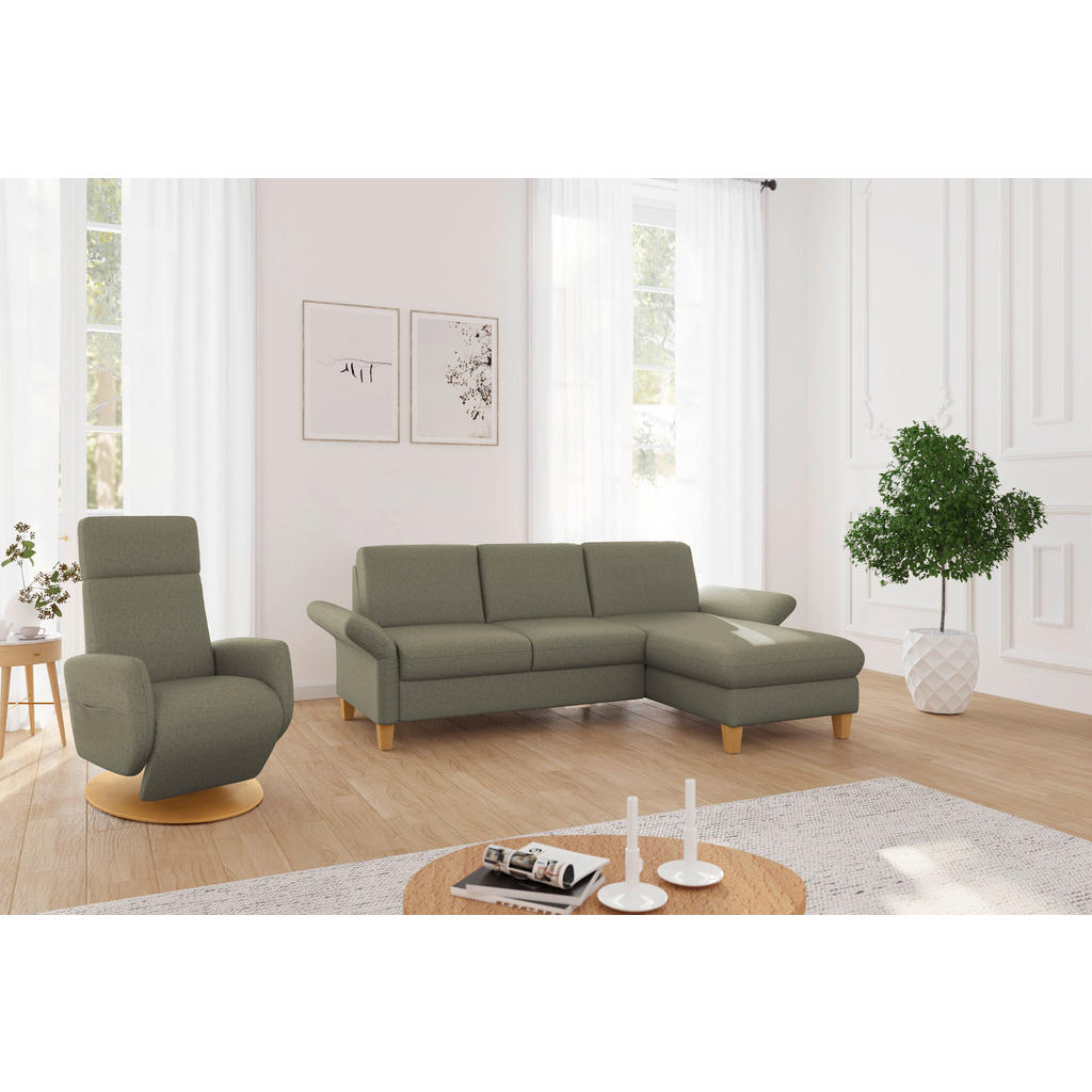 Thumbnail - Sit & More Ecksofa Rochelle E, Olivgrün, Textil, Buche, massiv, 4,5-Sitzer, Ottomane rechts, L-Form, 251x164 cm, Goldene...
