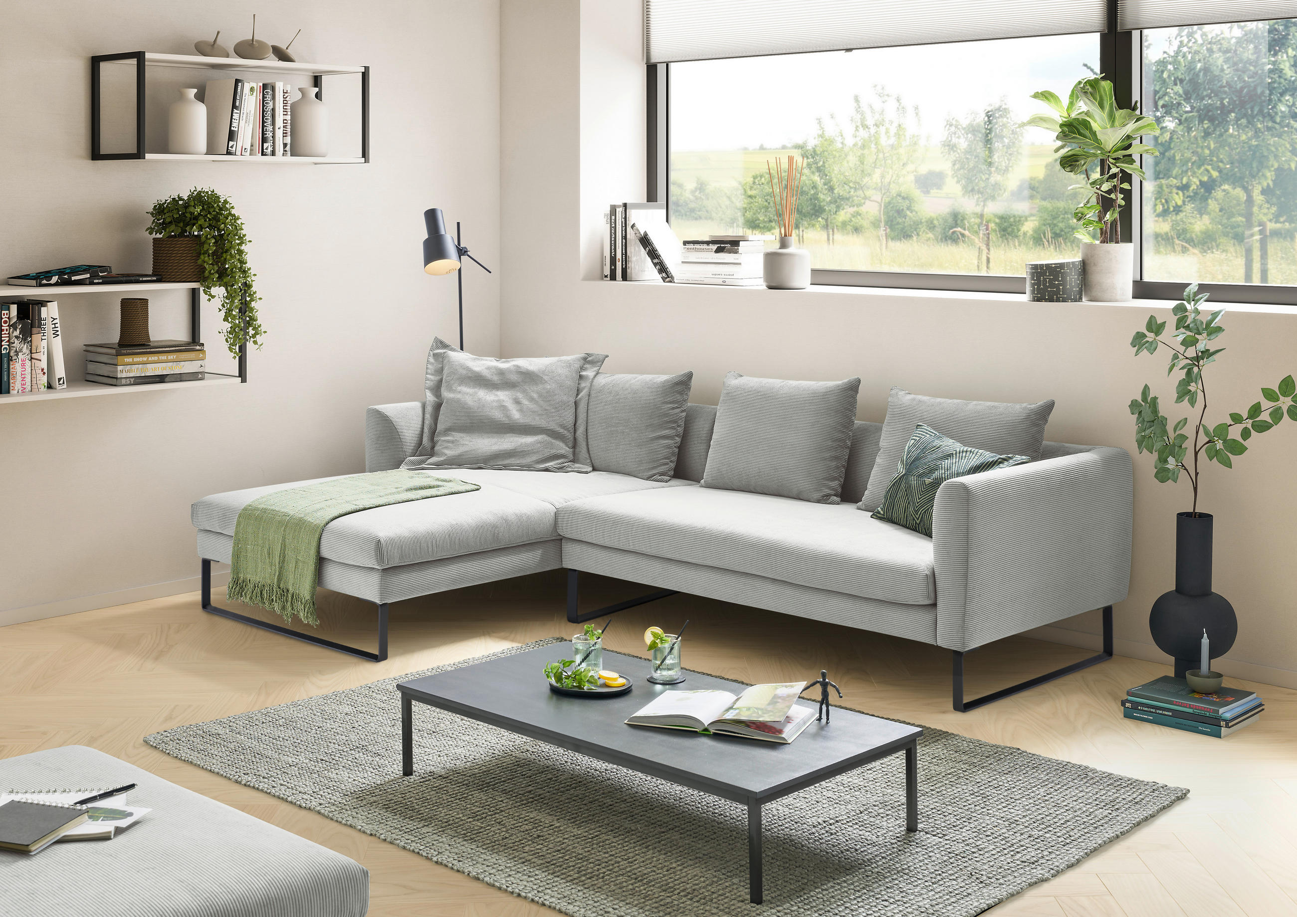 ECKSOFA in Feincord Hellgrau  - Hellgrau/Schwarz, Konventionell, Textil/Metall (178/284cm) - Hom`in
