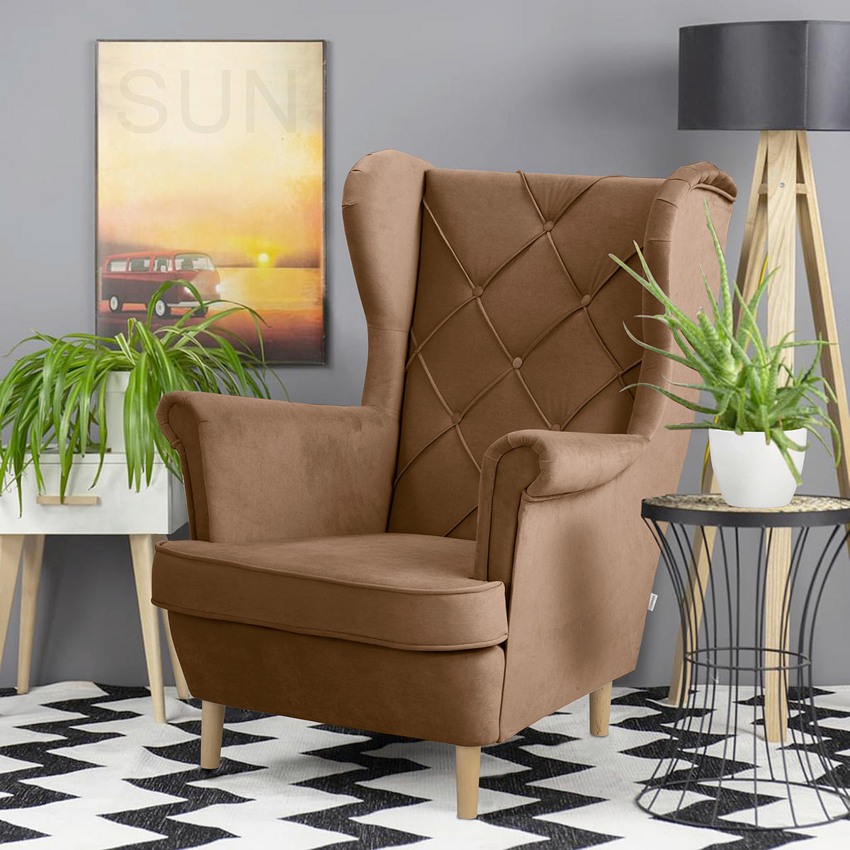 OHRENSESSEL in Samt Dunkelbraun  - Dunkelbraun, Design, Holz/Textil (84/105/90cm) - P & B