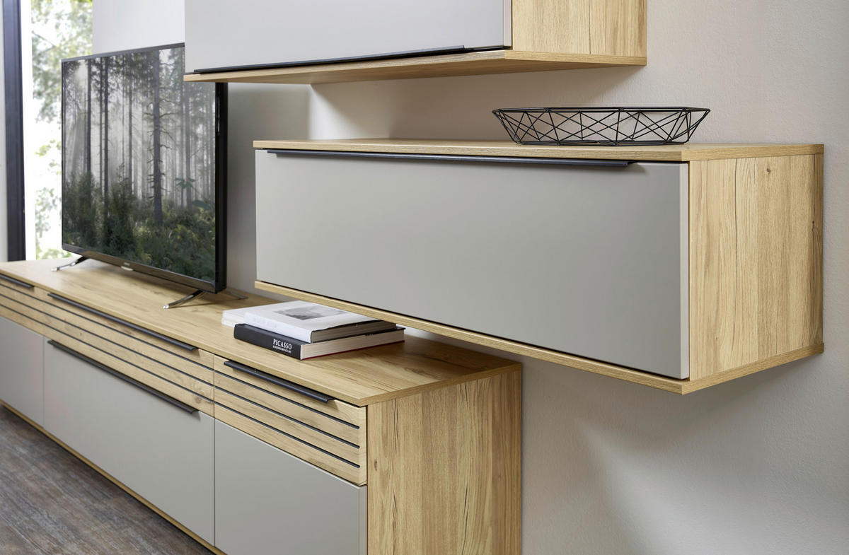 WOHNWAND  in Grau, Eichefarben  300/215/45 cm  - Eichefarben/Schwarz, KONVENTIONELL, Holzwerkstoff/Kunststoff (300/215/45cm) - Venda