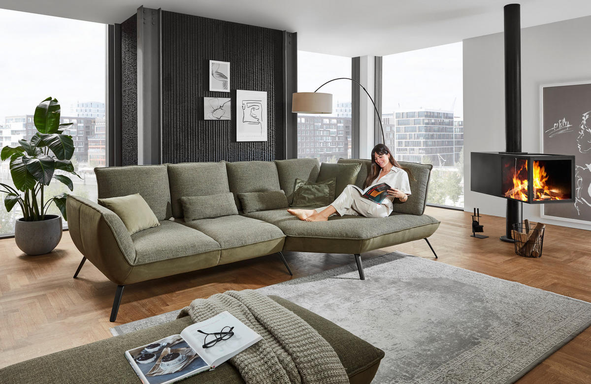 ECKSOFA in Flachgewebe Olivgrün  - Schwarz/Olivgrün, Design, Textil/Metall (320/169cm) - Moderano