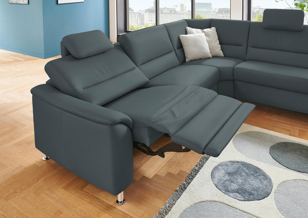 ECKSOFA in Echtleder Blaugrau  - Blaugrau/Alufarben, Konventionell, Leder/Metall (290/249cm) - Beldomo Premium