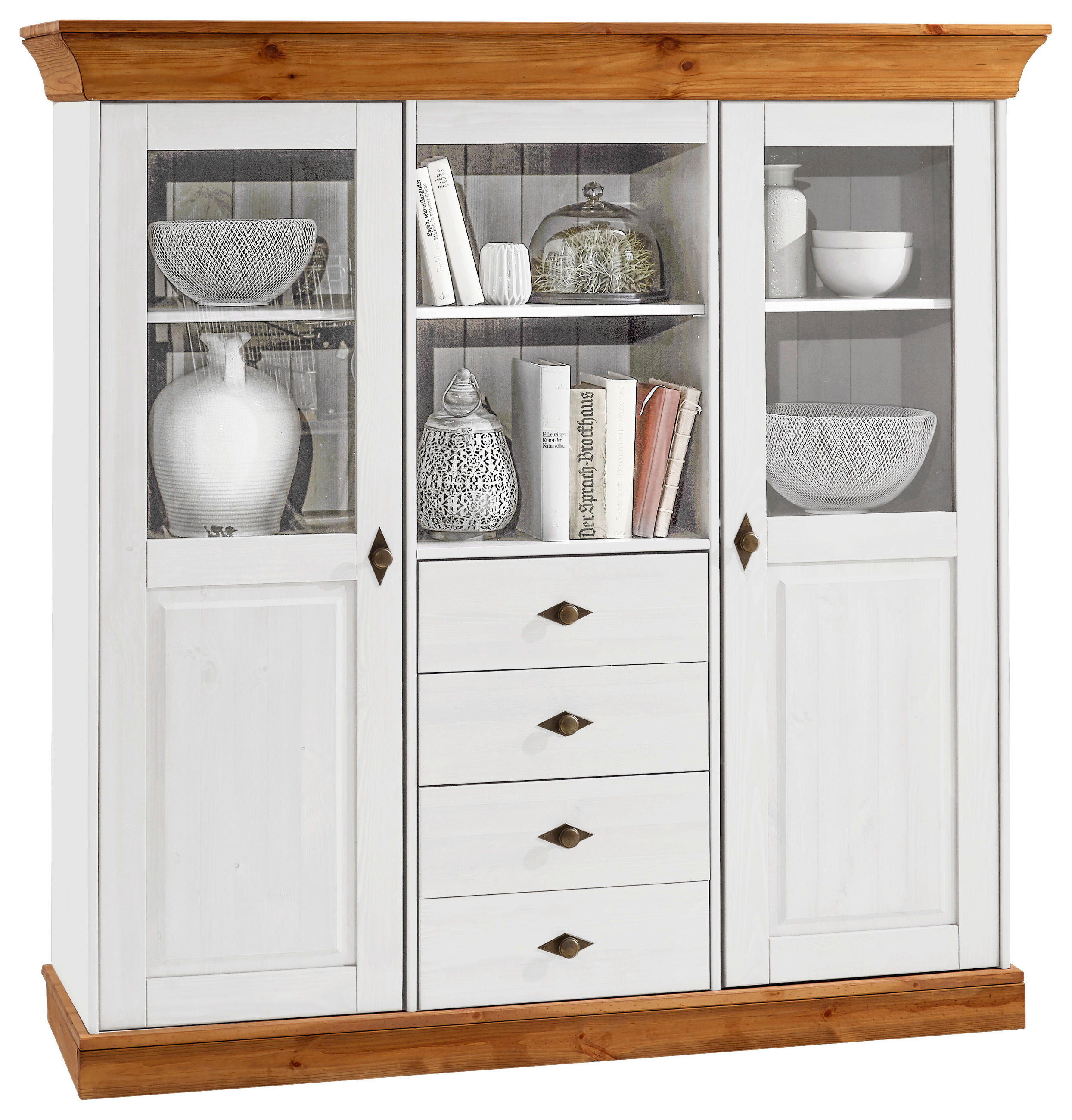 HIGHBOARD  143/145/45 cm 4 Schublade(n)  - Bernsteinfarben/Weiß, ROMANTIK / LANDHAUS, Glas/Holz (143/145/45cm) - Boxxx