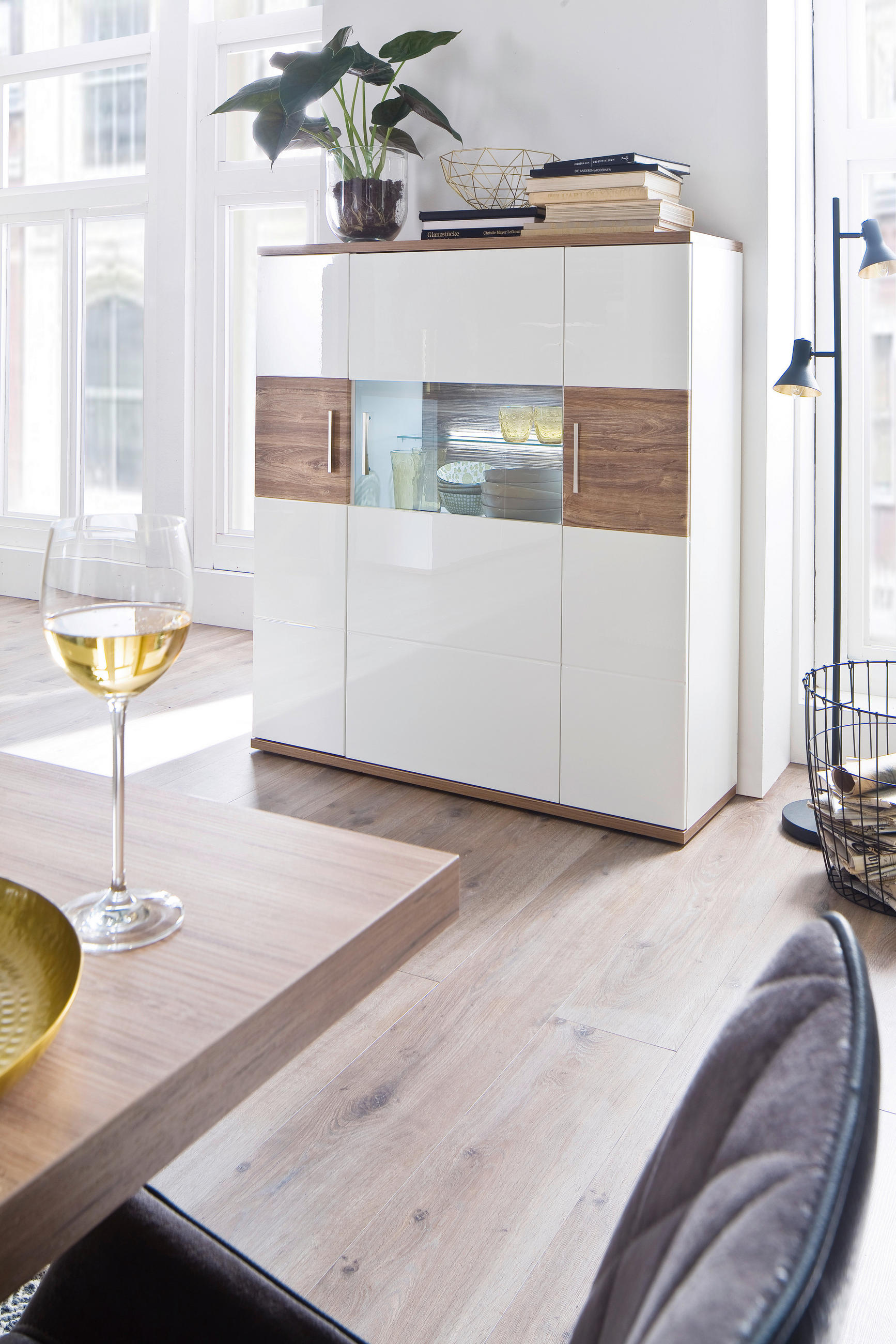 HIGHBOARD Colombo  in 120/135/37 cm  - Eichefarben/Weiß, Design, Glas/Holzwerkstoff (120/135/37cm) - Livetastic