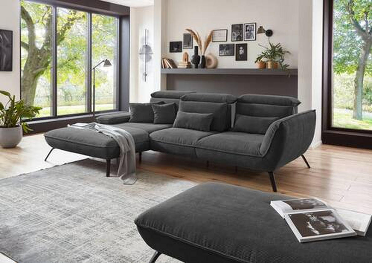 ECKSOFA in Cord Anthrazit  - Anthrazit/Schwarz, Design, Textil/Metall (301/202cm) - Moderano