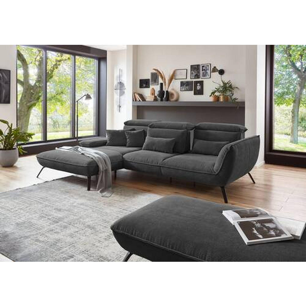 Thumbnail - Moderano Ecksofa, Anthrazit, Textil, 3-Sitzer, Ottomane rechts, Eckteil, L-Form, 301x202 cm, Fußauswahl, Stoffauswahl, A...