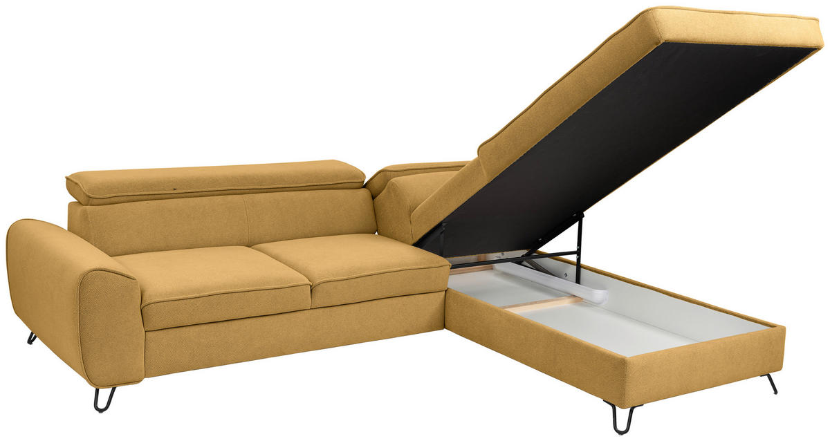 ECKSOFA in Flachgewebe Currygelb  - Currygelb/Schwarz, Design, Textil/Metall (250/200cm) - Stylife