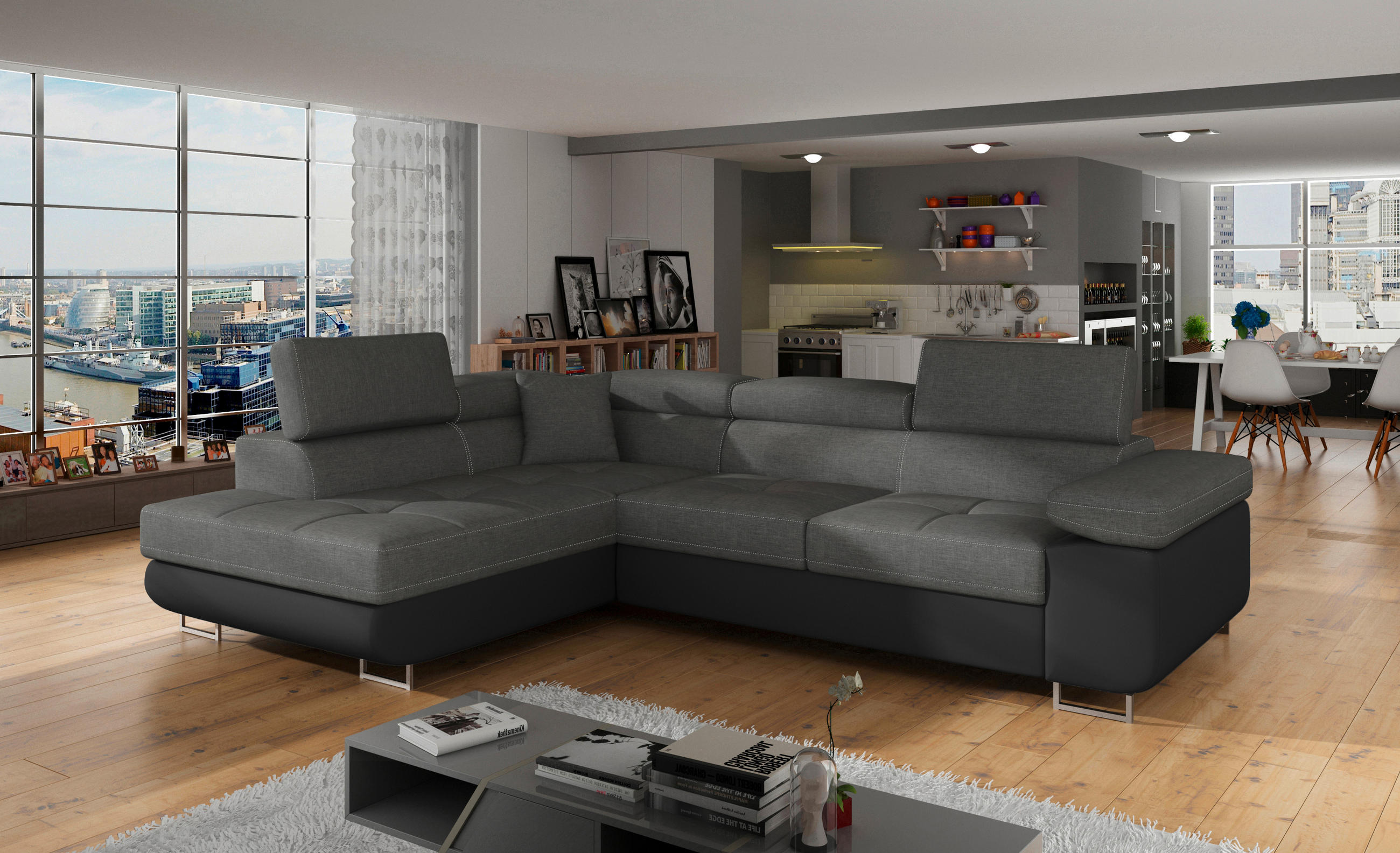 ECKSOFA in Textilgeflecht Grau, Schwarz  203/272 cm  - Chromfarben/Schwarz, Design, Textil/Metall (203/272cm) - MID.YOU