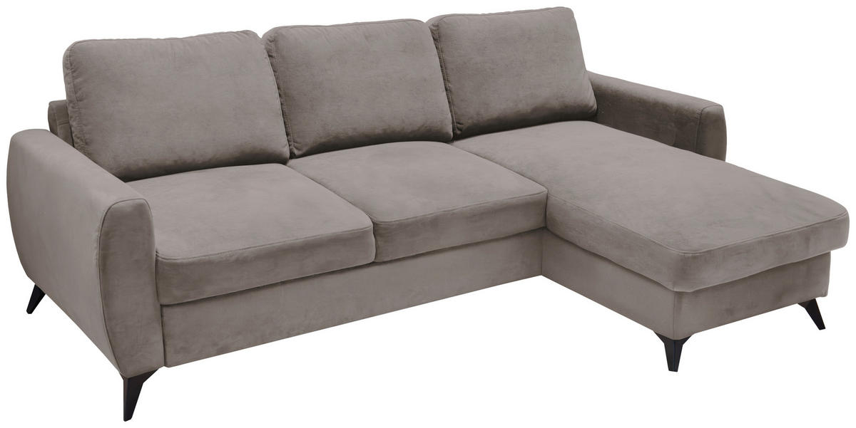 ECKSCHLAFSOFA JEFFREY Mikrovelours Taupe  inkl. Zierkissen, Rückenkissen, Stauraum  - Taupe/Schwarz, KONVENTIONELL, Textil/Metall (230/150cm) - Livetastic