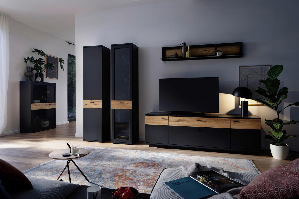 Set Mobilă Living, gri, negru, 305/201/50 cm - negru/gri, Design, sticlă/metal (305/201/50cm) - Novel