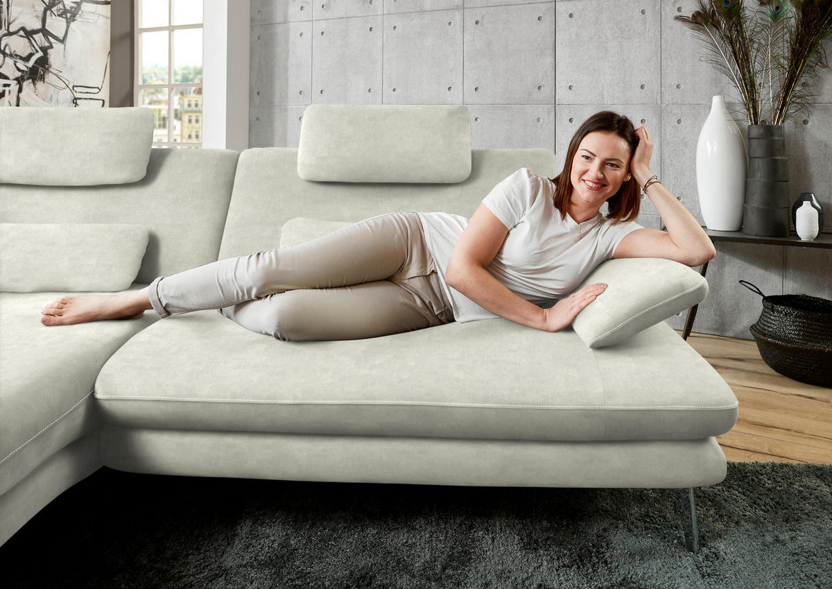 ECKSOFA in Velours Ecru  184/284 cm  - Ecru/Schwarz, Design, Textil/Metall (184/284cm) - Dieter Knoll
