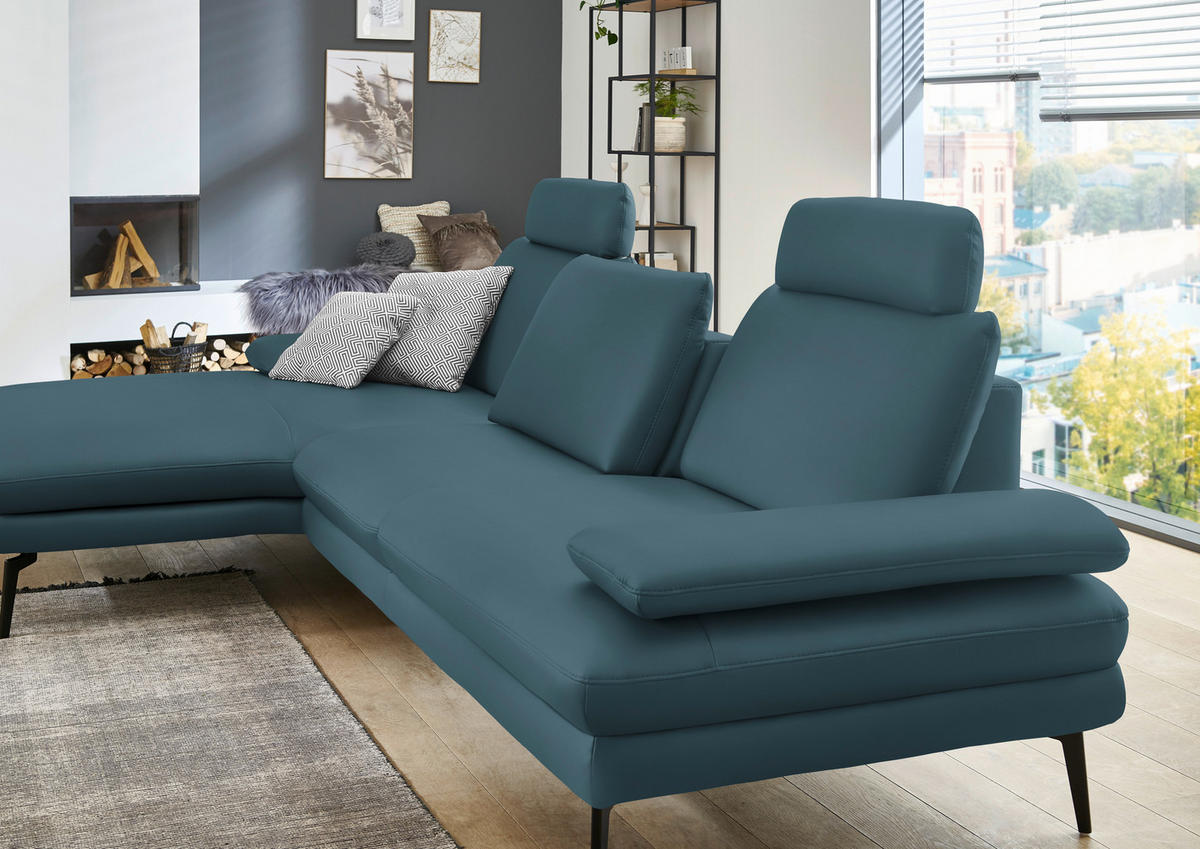 ECKSOFA in Echtleder Blau  - Blau/Schwarz, Design, Leder/Metall (180/310cm) - Dieter Knoll