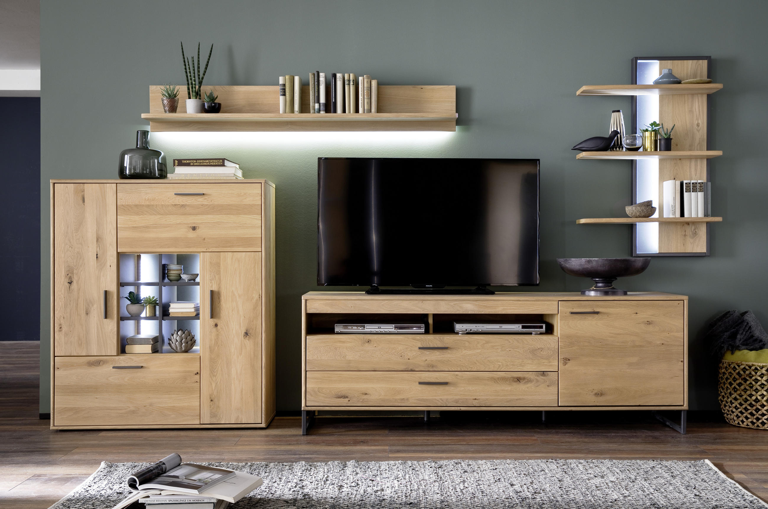 MEDIABÄNK i faner, massiv kvistek ekfärgad  - svart/ekfärgad, Design, metall/trämaterial (184/67/50cm) - Livetastic