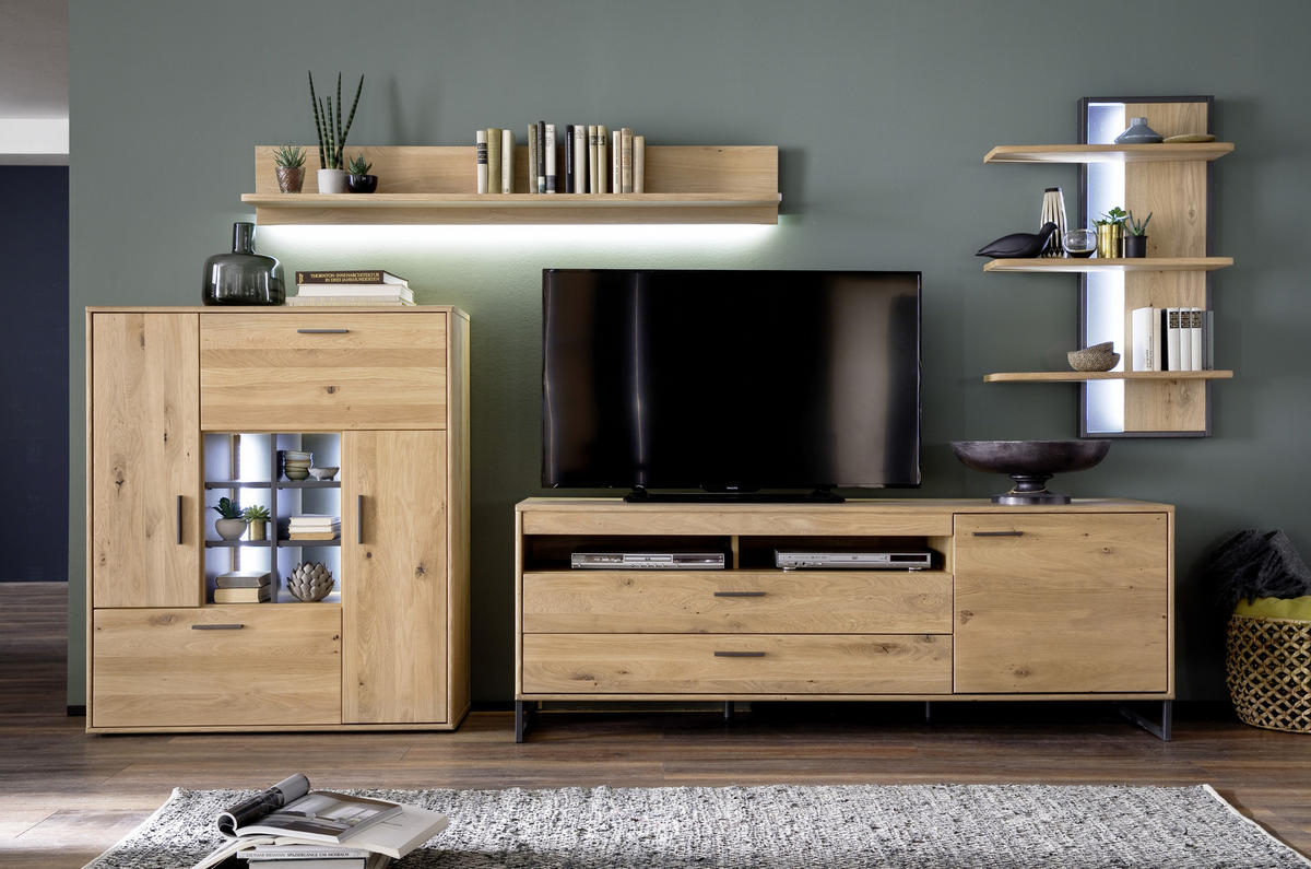 MEDIABÄNK i faner, massiv kvistek ekfärgad  - svart/ekfärgad, Design, metall/trämaterial (184/67/50cm) - Livetastic