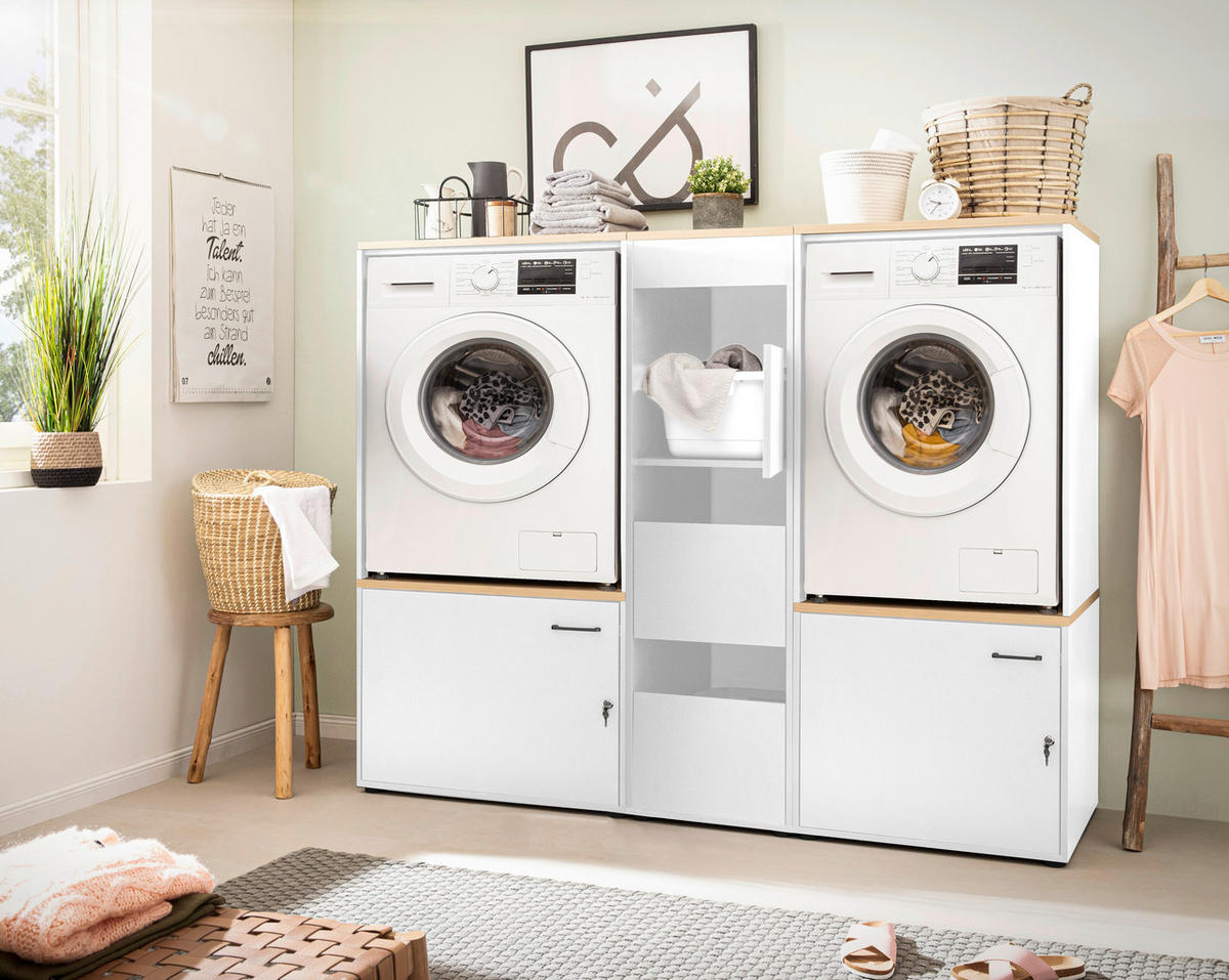 WASCHMASCHINENSCHRANK 67,1/154,7/60 cm  in Weiß, Eichefarben  - Chromfarben/Eichefarben, MODERN, Holzwerkstoff/Kunststoff (67,1/154,7/60cm) - MID.YOU