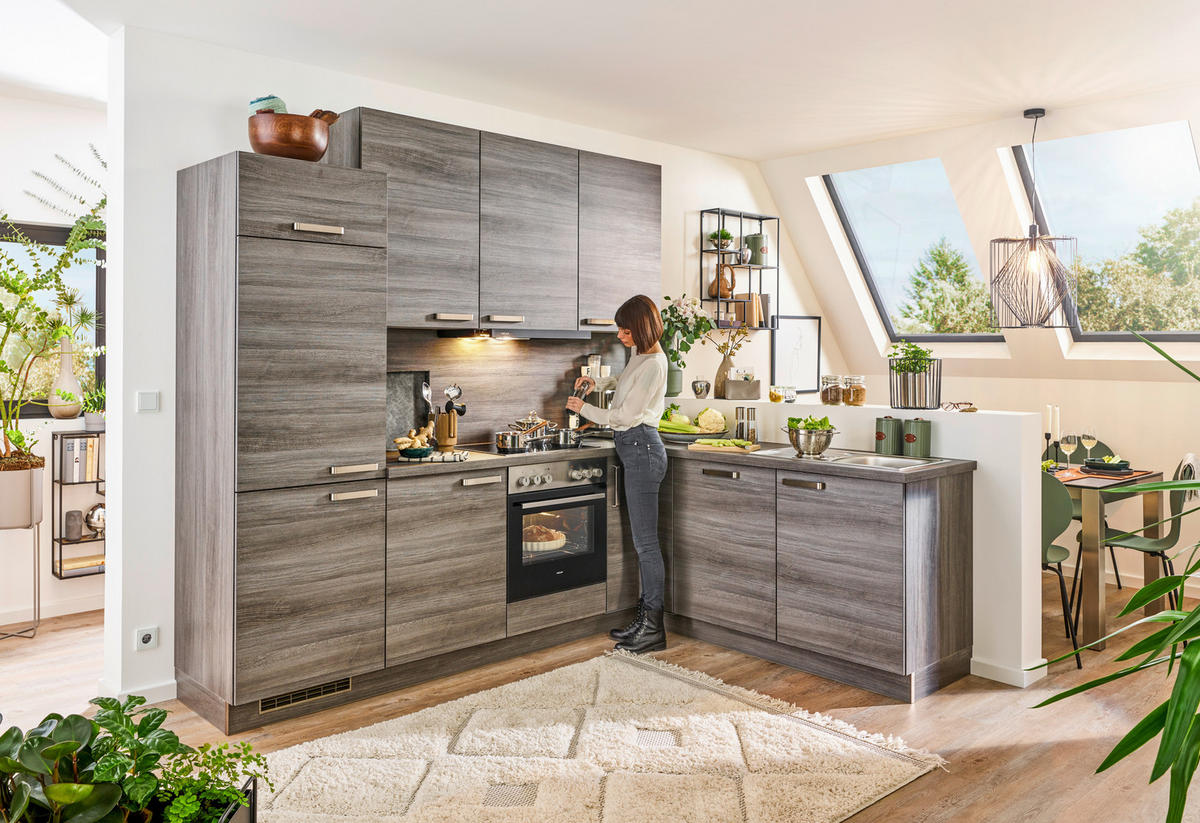 ECKKÜCHE 260/200 cm  in Eichefarben  - Edelstahlfarben/Eichefarben, Design, Holzwerkstoff/Metall (260/200cm) - Welnova