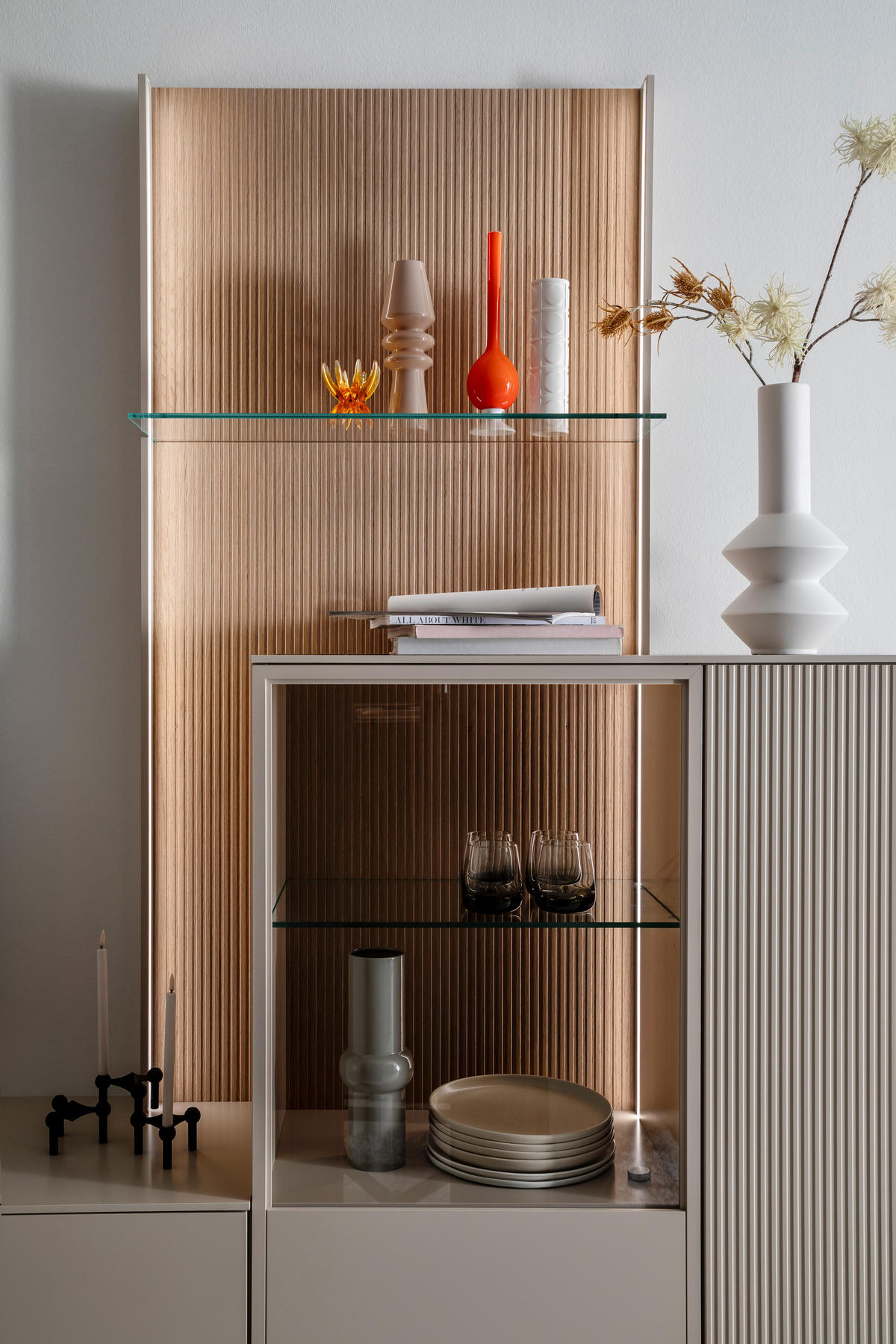 WOHNWAND  in Eichefarben, Kaschmir 340/234/45 cm  - Kaschmir/Eichefarben, Design, Glas/Holz (340/234/45cm) - Schöner Wohnen