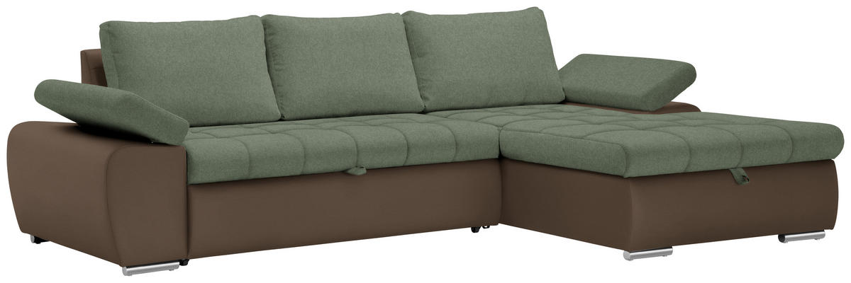SEDEŽNA GARNITURA, gladka tkanina olivno zelena , rjava  - barve niklja/olivno zelena, Design, umetna masa/tekstil (271/175cm) - Xora