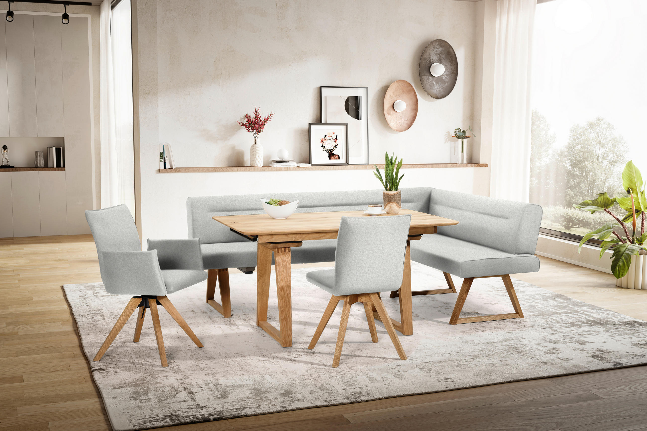 ECKBANK 230/170 cm Samt Creme, Eichefarben Wildeiche massiv   - Eichefarben/Creme, KONVENTIONELL, Holz/Textil (230/170cm) - Moderano