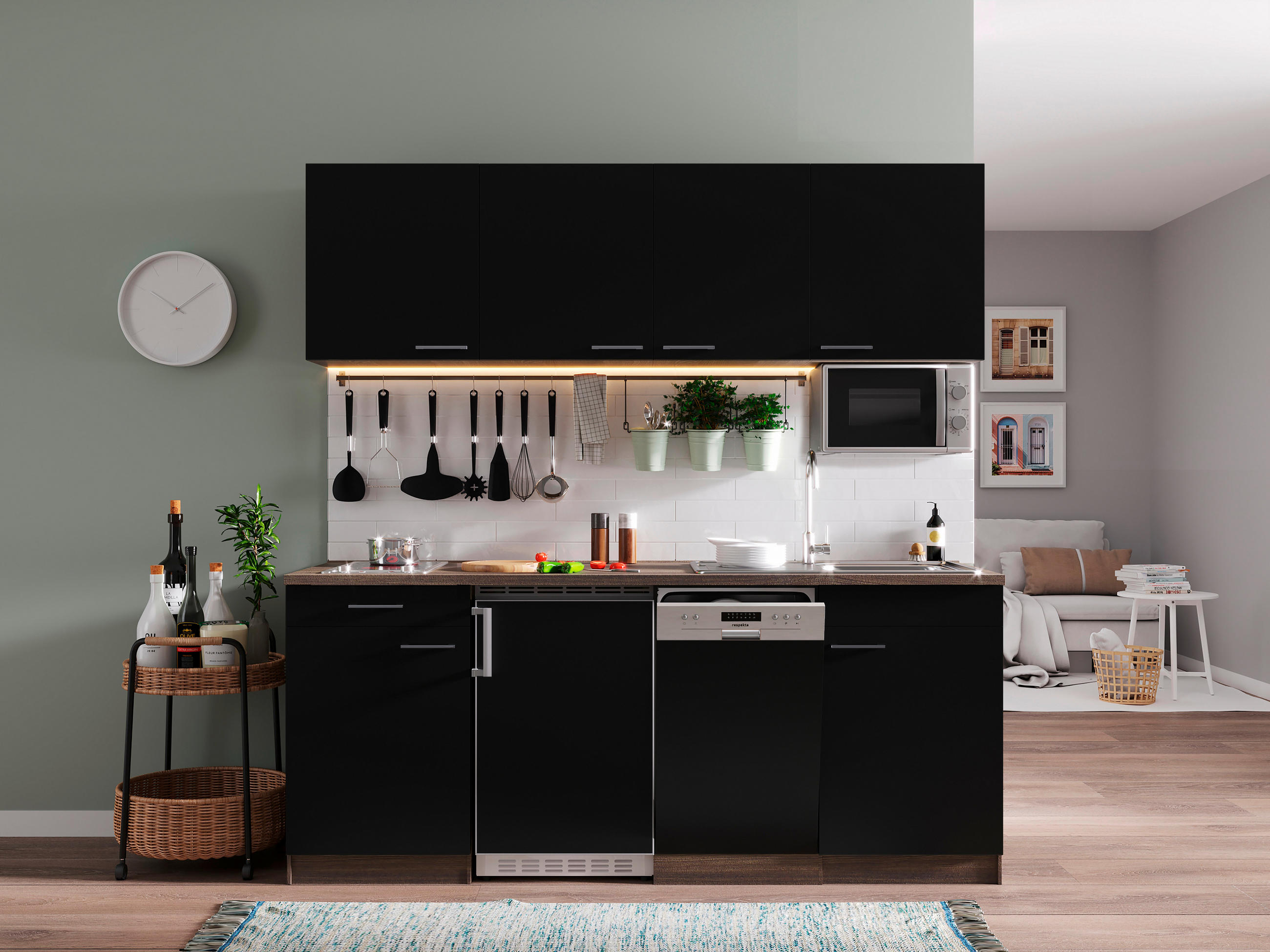 KÜCHENBLOCK 195 cm   in Schwarz, Eichefarben  - Eichefarben/Schwarz, Basics, Holzwerkstoff (195cm) - Respekta