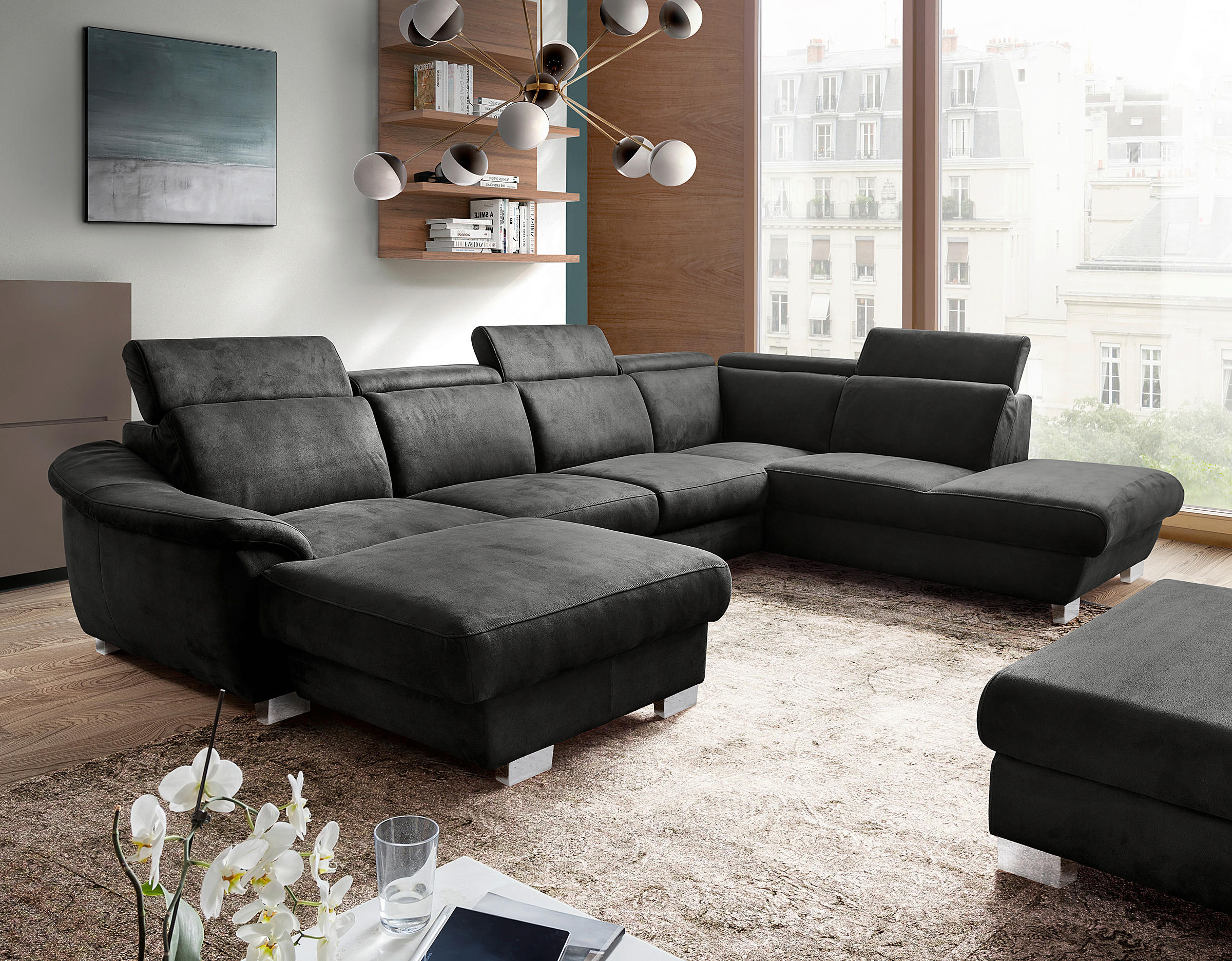 WOHNLANDSCHAFT Anthrazit Mikrofaser  - Chromfarben/Anthrazit, Design, Textil/Metall (238/347/273cm) - Livetastic