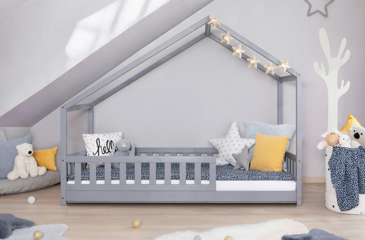 HAUSBETT 120/200 cm,  in Hellgrau, Absturzsicherung, Rollrost  - Hellgrau/Naturfarben, MODERN, Holz (120/200cm) - MID.YOU