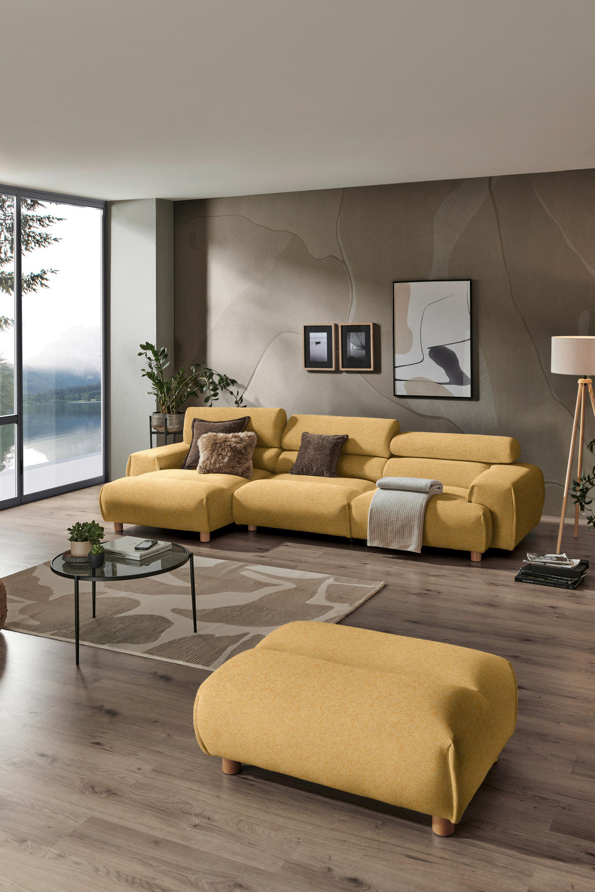 ECKSOFA in Velours Currygelb  - Currygelb, Natur, Holz/Textil (150/329cm) - Lomoco