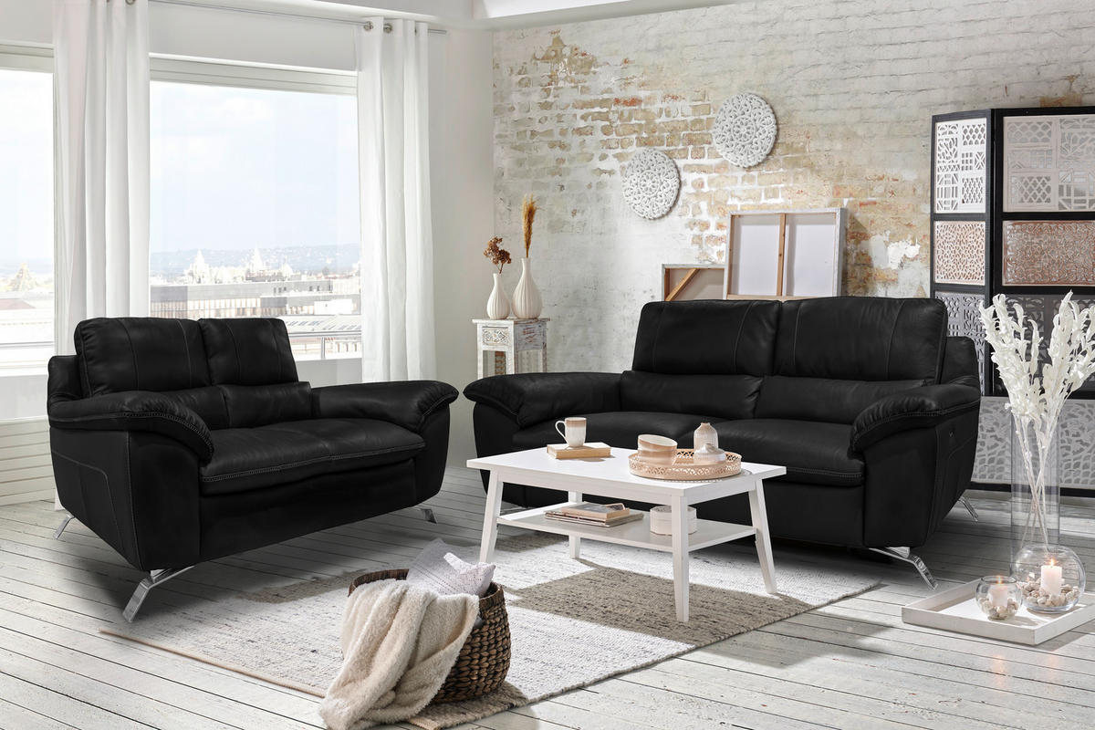 2,5-SITZER Kombination Echtleder/Lederlook Schwarz  - Silberfarben/Schwarz, Design, Leder/Metall (216/97/95-151cm) - Livetastic