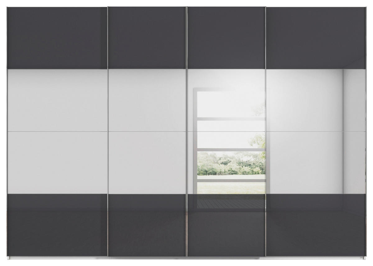 SCHWEBETÜRENSCHRANK 316/223/68 cm 4-türig Schwarz, Weiß  - Chromfarben/Schwarz, Design, Glas/Holzwerkstoff (316/223/68cm) - Novel