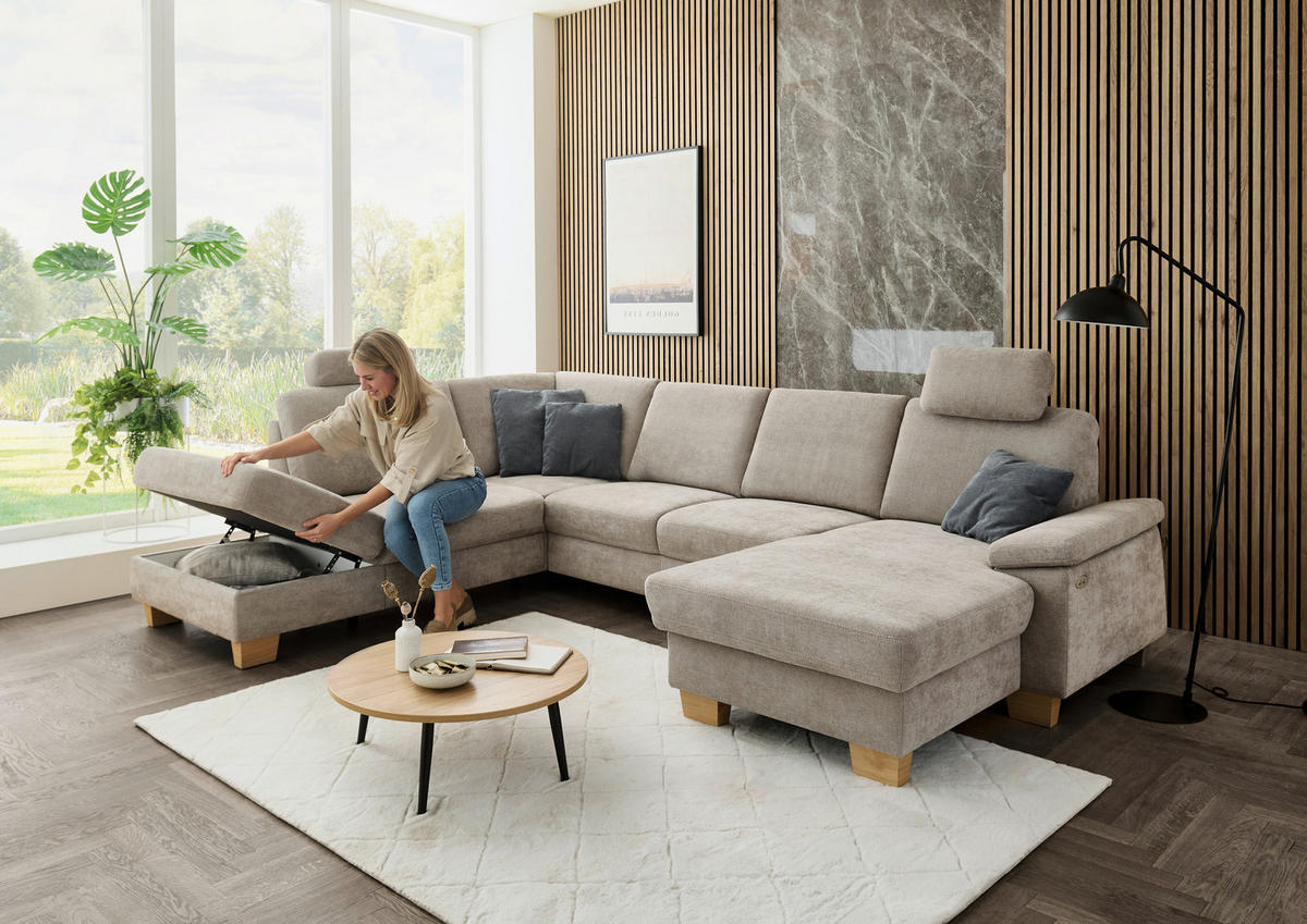 WOHNLANDSCHAFT Beldomo System in Flachgewebe Beige  - Eichefarben/Beige, KONVENTIONELL, Holz/Textil (235/316/167cm) - Beldomo System