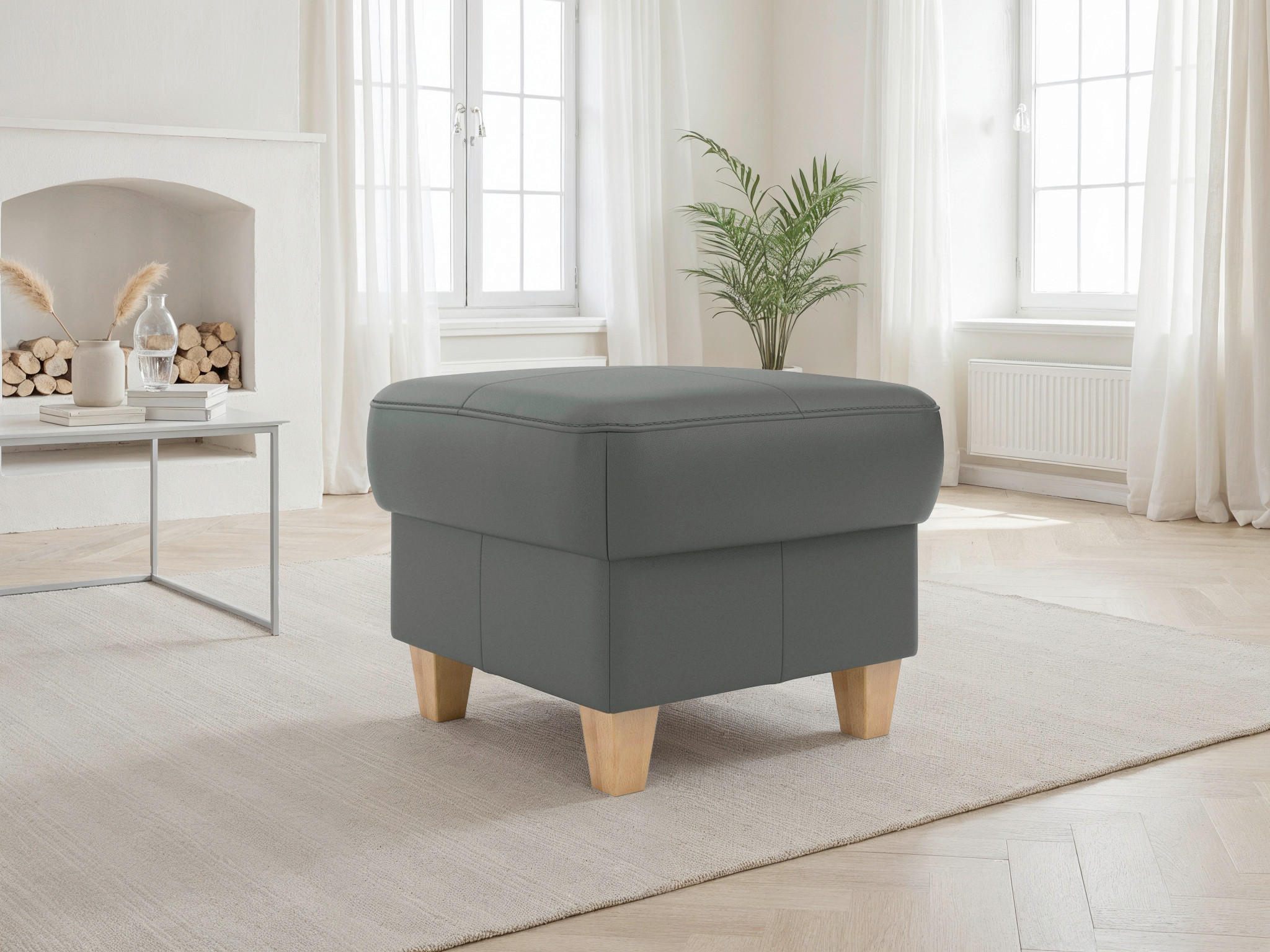 HOCKER Leder Anthrazit  - Eichefarben/Anthrazit, Basics, Leder/Holz (58/48/58cm) - Sit & More