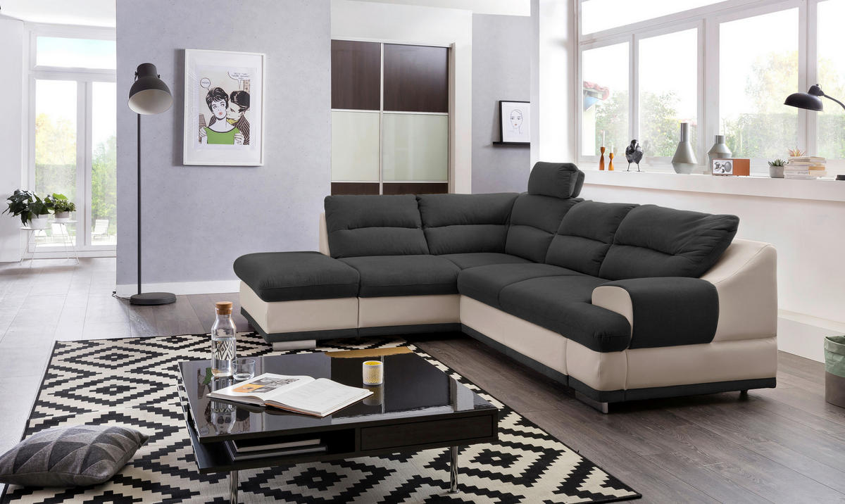 WOHNLANDSCHAFT Schwarz, Sandfarben Chenille  - Sandfarben/Chromfarben, KONVENTIONELL, Textil/Metall (217/264cm) - MID.YOU