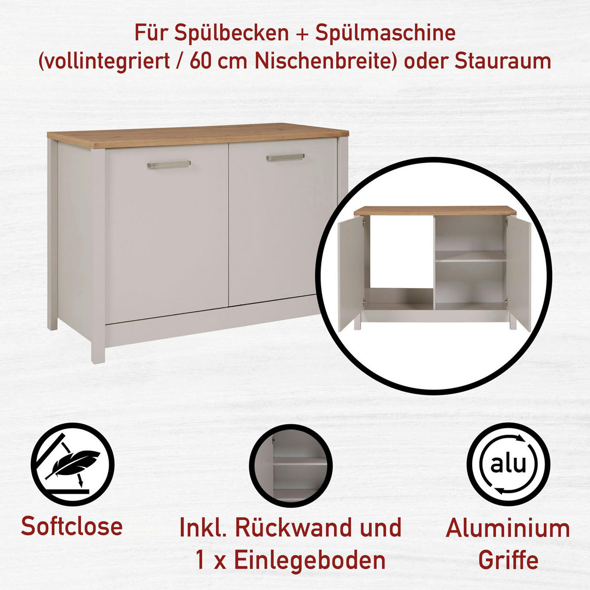 KÜCHENLEERBLOCK 300 cm   in Kaschmir, Eiche Artisan  - Kaschmir/Silberfarben, MODERN, Glas/Holzwerkstoff (300cm) - home24
