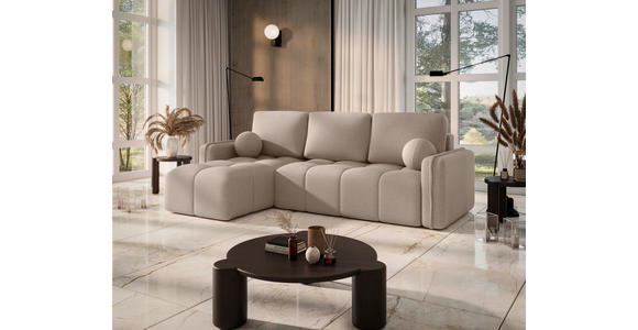ECKSOFA Creme Flachgewebe Zierkissen, Rückenkissen, Bettkasten, Schlaffunktion, Rücken echt, Liegefläche im Originalstoff  - Creme/Schwarz, MODERN, Kunststoff/Textil (142/240cm) - Carryhome