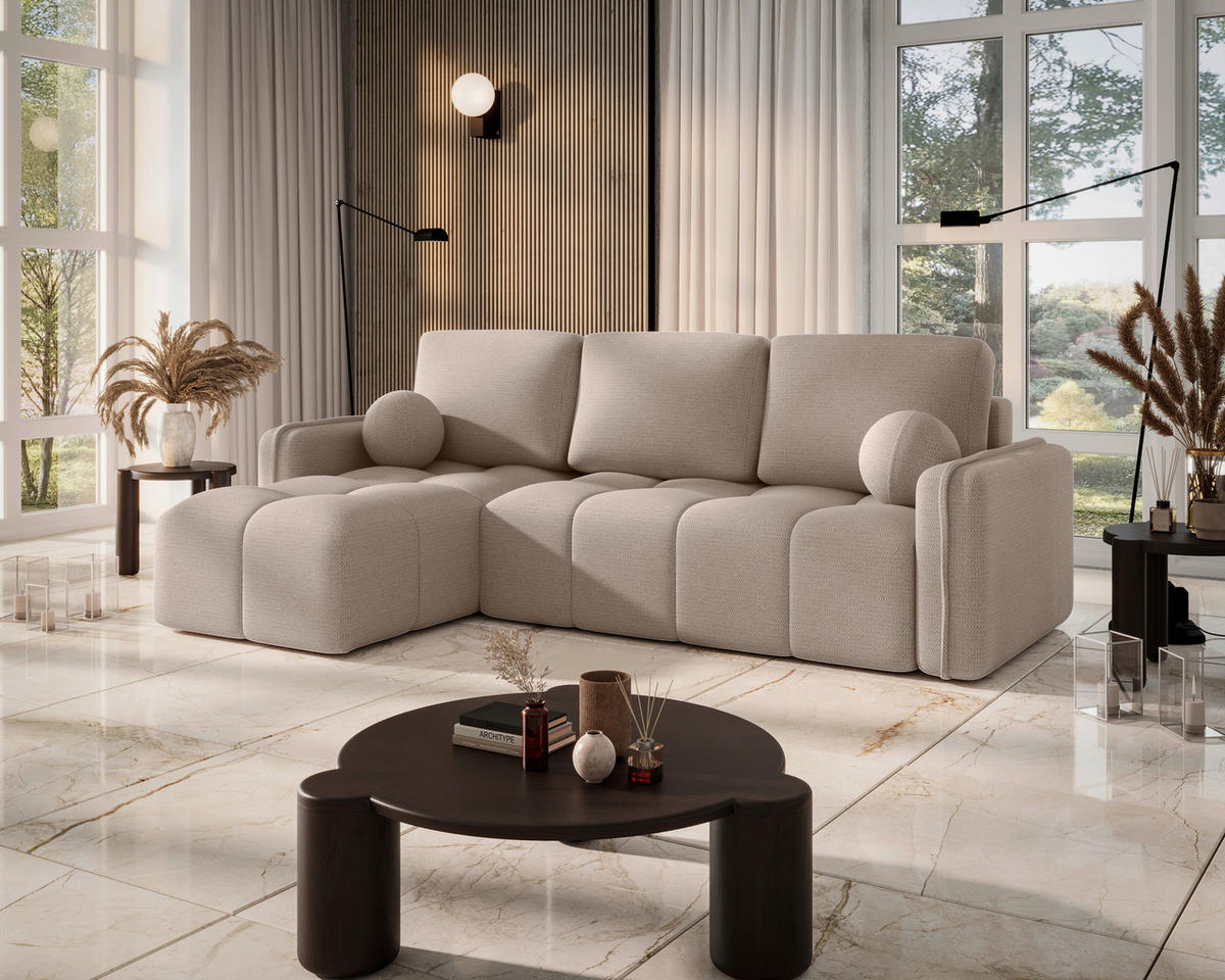 ECKSOFA Creme Flachgewebe Zierkissen, Rückenkissen, Bettkasten, Schlaffunktion, Rücken echt, Liegefläche im Originalstoff  - Creme/Schwarz, MODERN, Kunststoff/Textil (142/240cm) - Carryhome