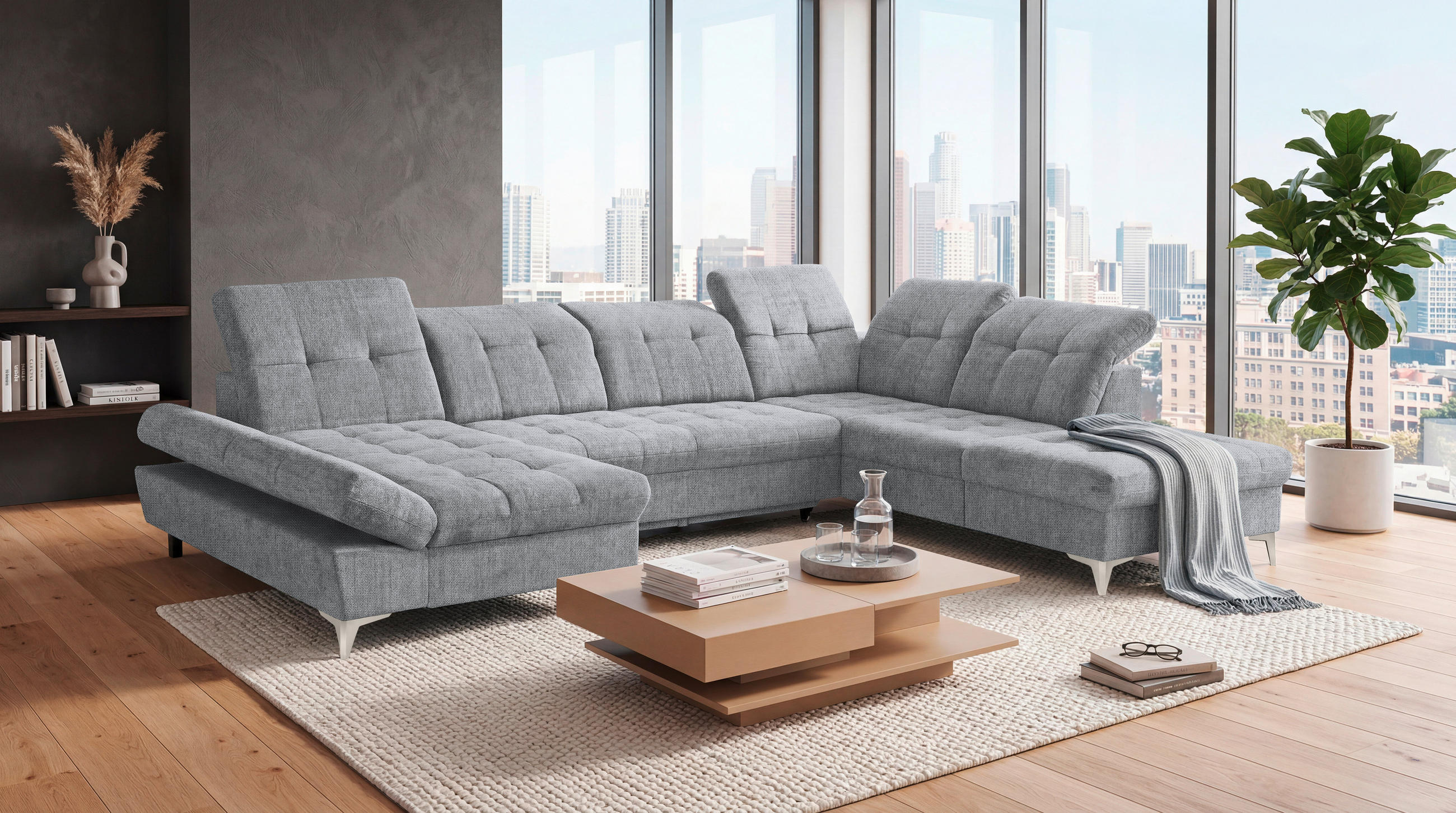 WOHNLANDSCHAFT Mikrovelours Hellgrau  - Kaschmir/Hellgrau, Modern, Kunststoff/Textil (169/348/245cm) - MID.YOU