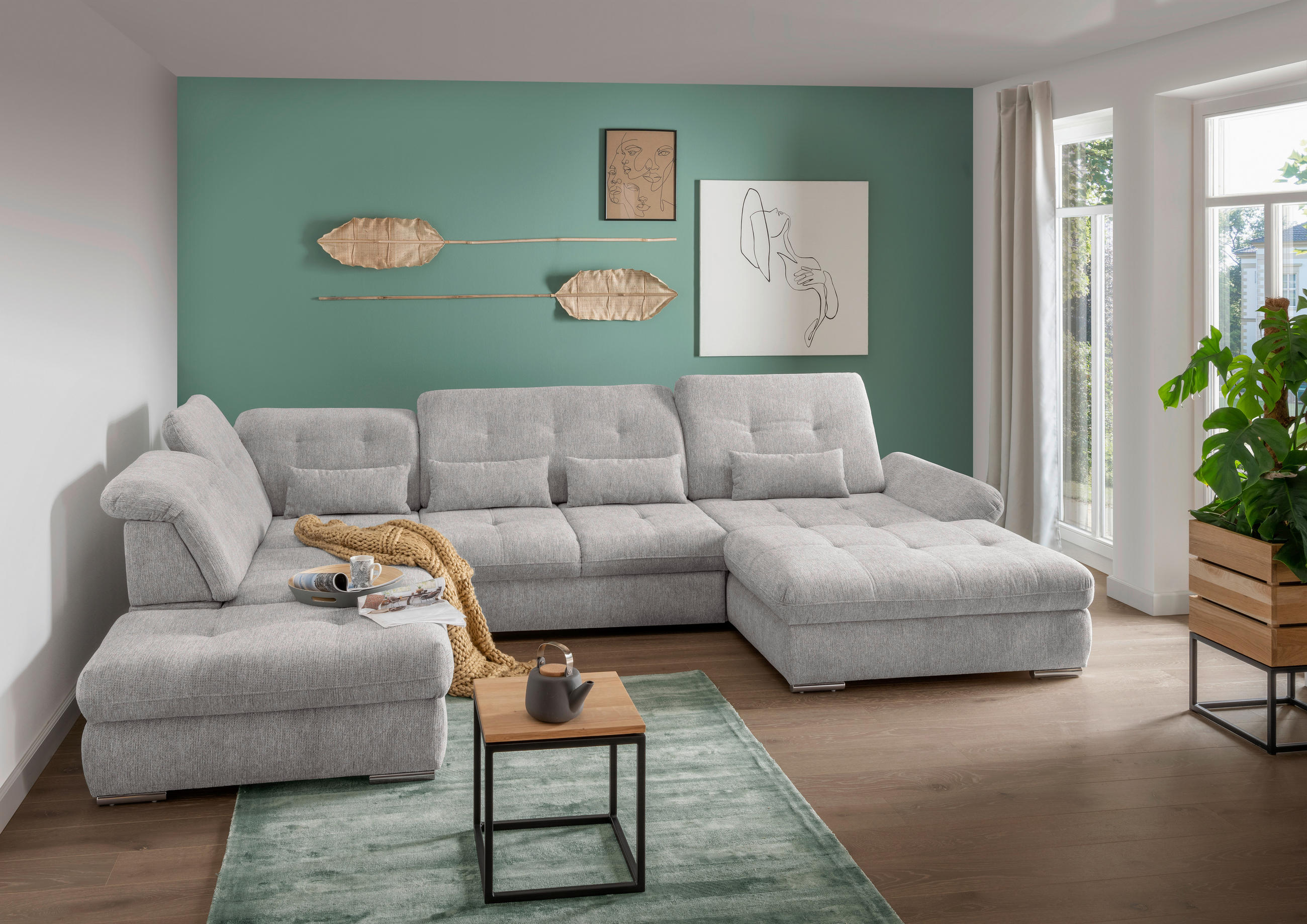 WOHNLANDSCHAFT in Chenille Grau - Chromfarben/Grau, Modern, Textil/Metall (254/376/195cm) - Livetastic