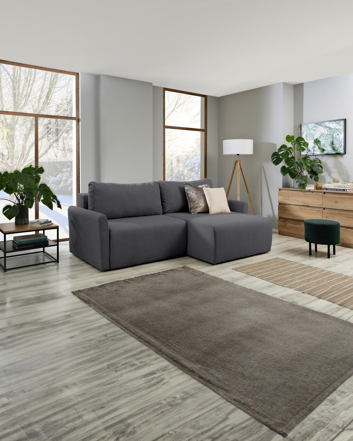 ECKSOFA in Cord Grau  - Schwarz/Grau, Konventionell, Kunststoff/Textil (228/146cm) - MID.YOU